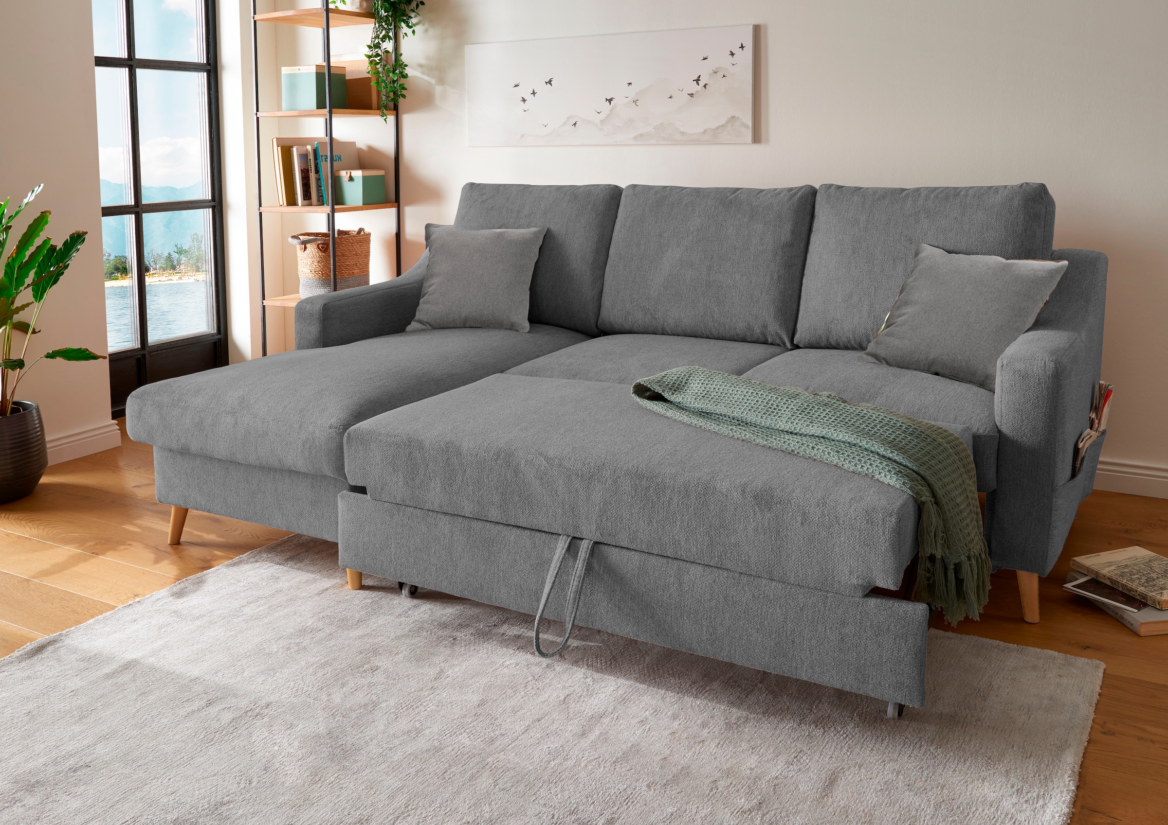 INOSIGN Ecksofa »Valentina L-Form«, 2 Zierkissen, mit Seitentasche, ausziehbarer Liegefläche, Bettkasten