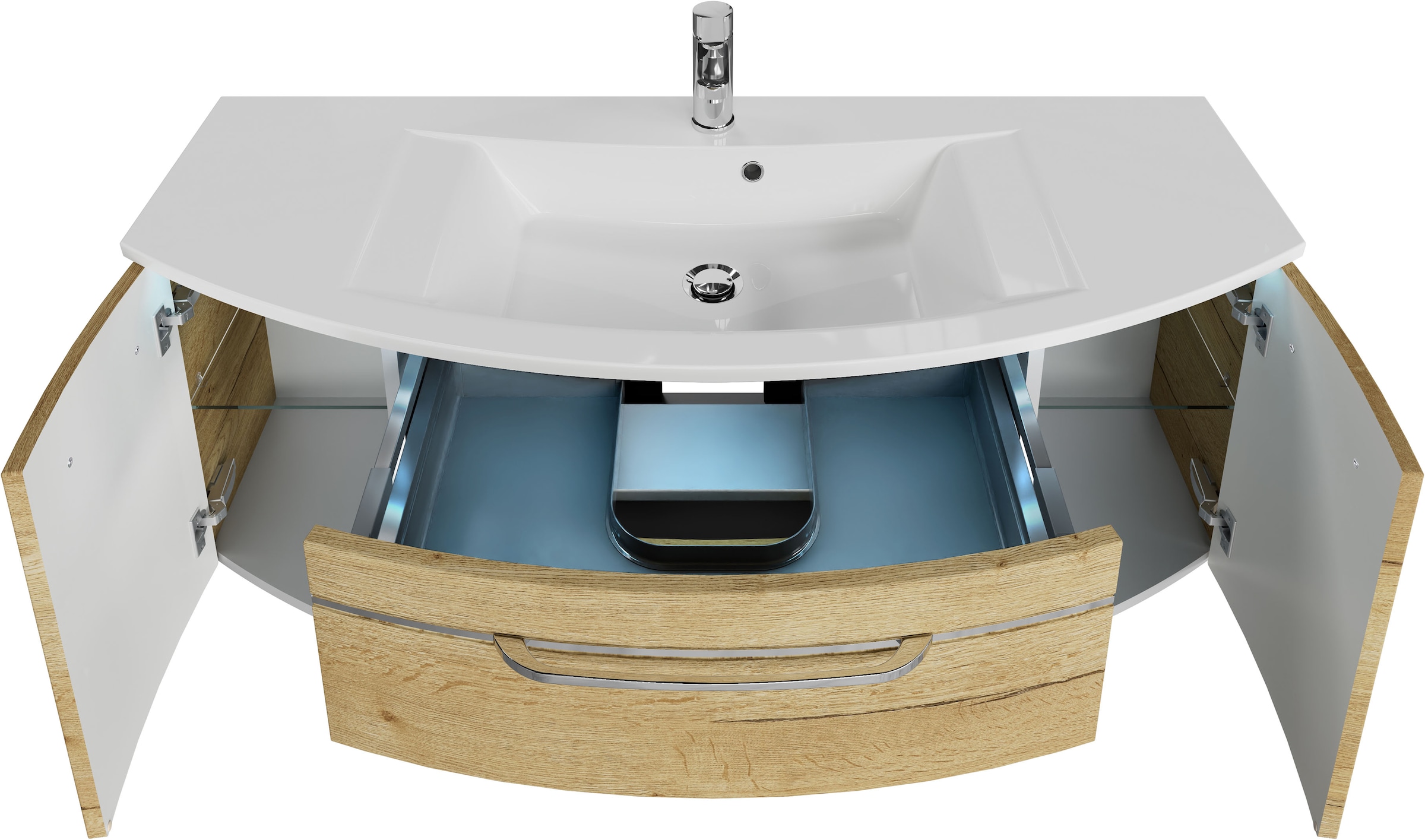 Saphir Badmöbel-Set »Serie 7045 2-teilig Mineralmarmor-Waschtisch mit LED-Spiegelschrank«, (Set, 2 St.), Badezimmer-Set 133,2 cm breit, inkl. Türdämpfer, 5 Türen, 2 Schubladen