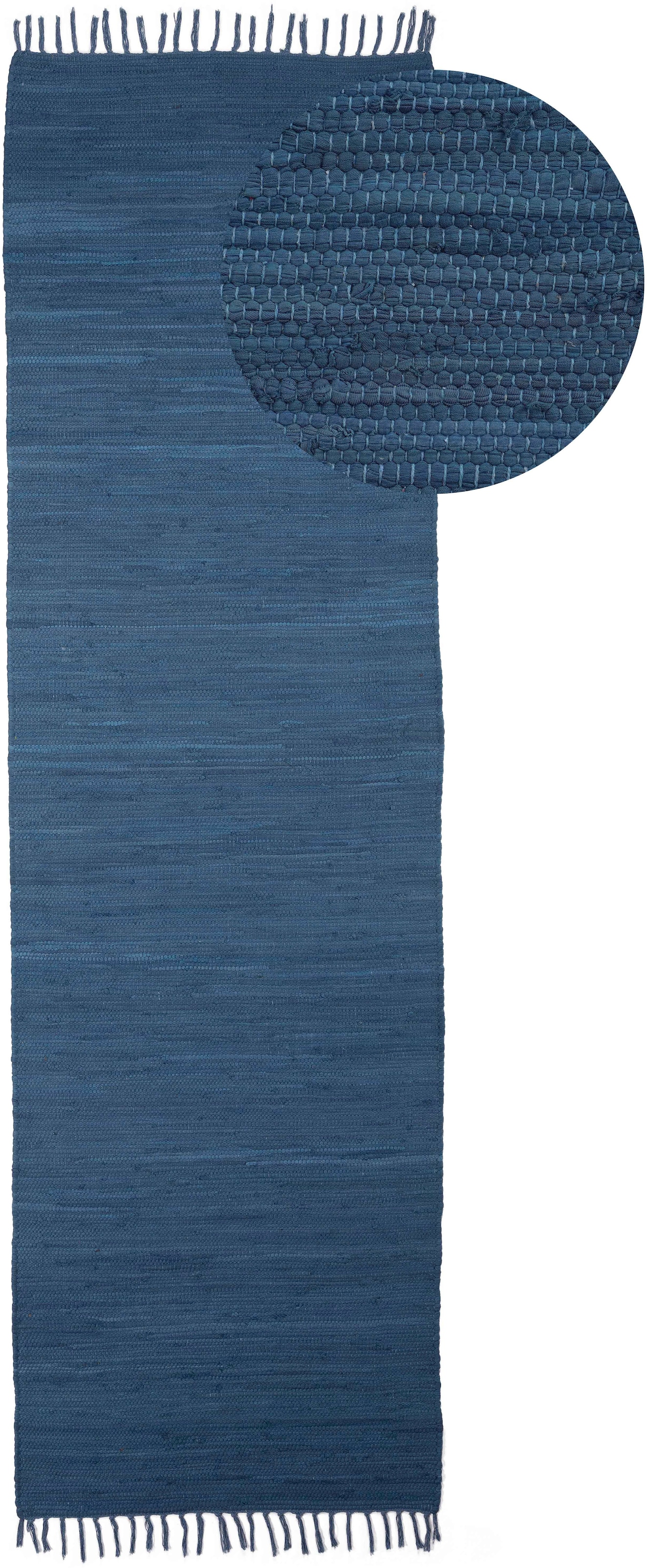 Teppich CARPETFINE "Kelim Chindi uni, auch als Läufer", blau, B:80cm H:5mm L:300cm, Baumwolle, Teppiche, Teppich, Wendeteppich, reine Baumwolle, handgewebt, Uni-Farben, mit Fransen