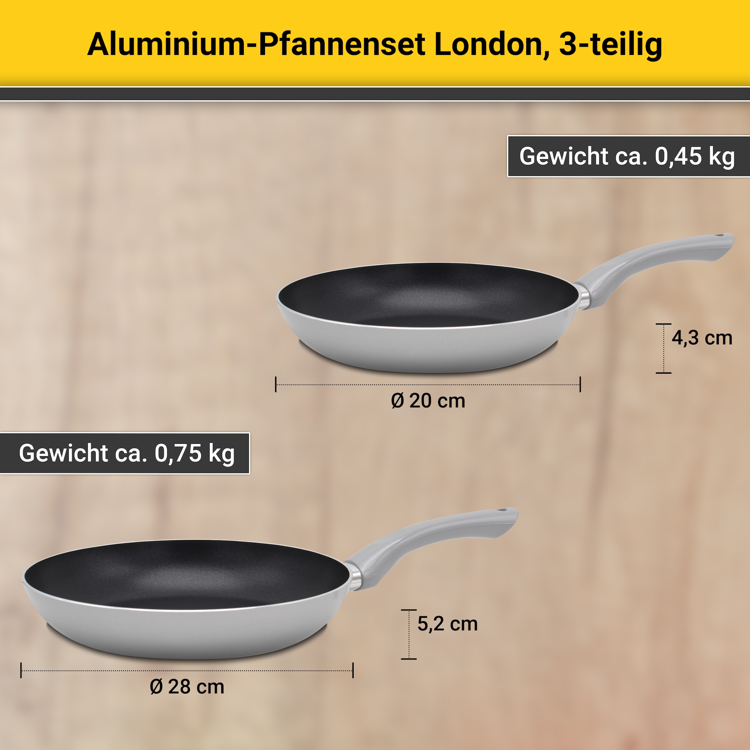 Krüger Pfannen-Set »Aluminium Pfannenset London, 3 tlg.«, Aluminium, (Set, 3 tlg., je 1 Bratpfanne Ø 20 / 28 cm, 1 Pfannenwender), für Induktions-Kochfelder geeignet