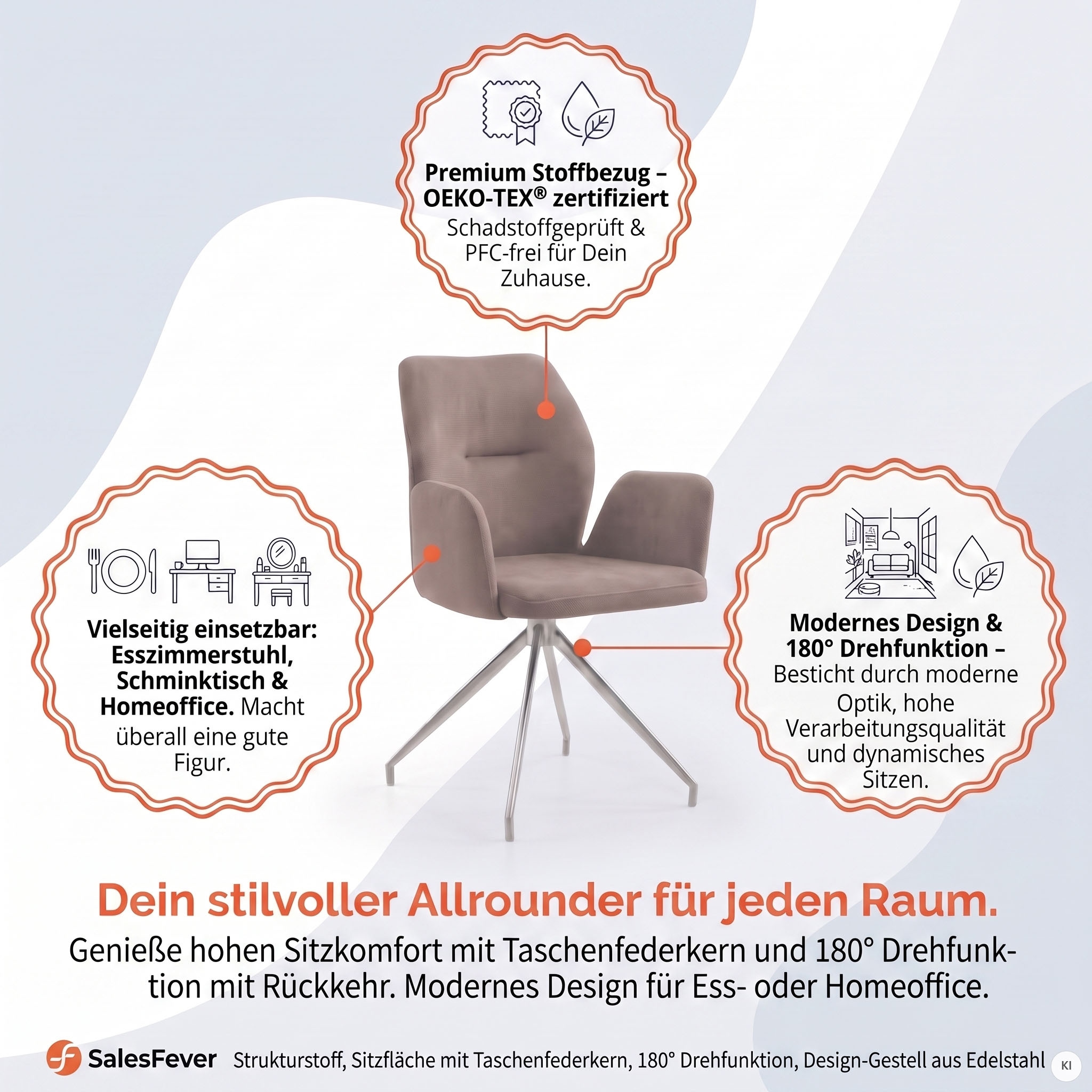 SalesFever Esszimmerstuhl »Taormina Armlehnstuhl mit silbernem Edelstahlgestell« () 1 Stk.Esszimmersessel, 180° Drehfunktion, Gestell aus rostfreiem Edelstahl