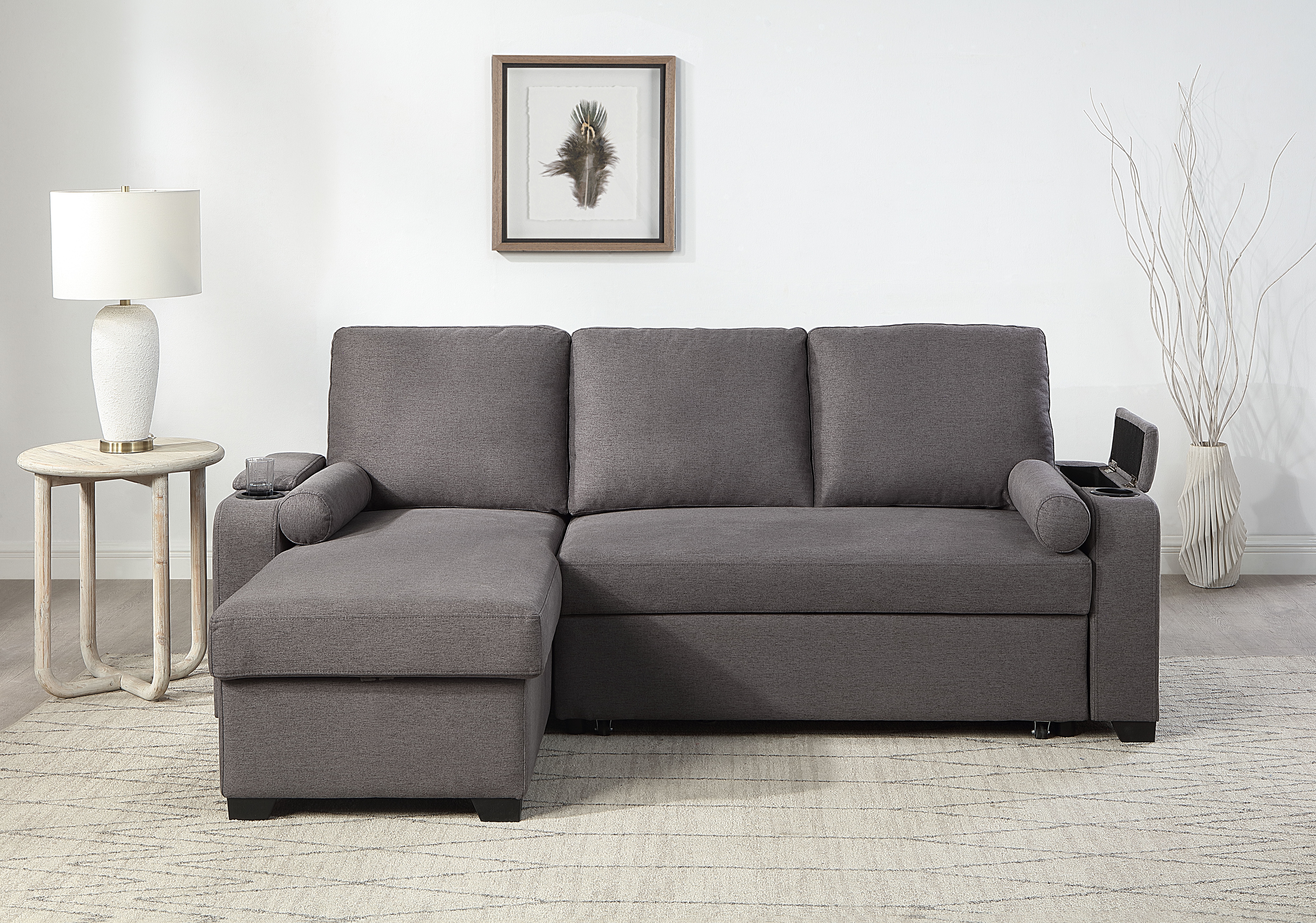 OTTO home Ecksofa "Gorje L-Form, B:216cm, Liegefläche: 125x200" mit Schlaffunktion, Stauraum, Becherhalter, Staufächer & Kissenrollen