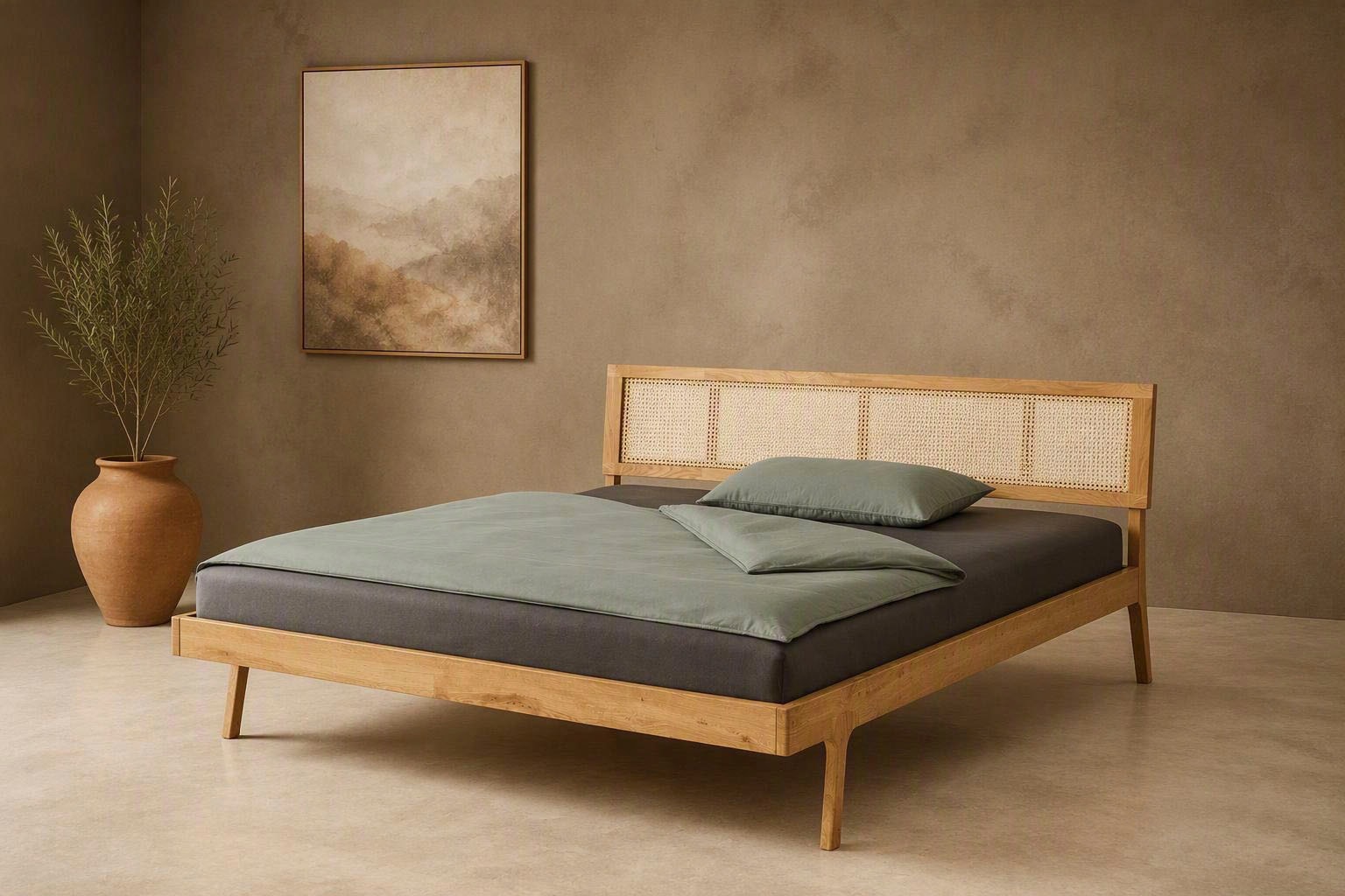 OTTO home Massivholzbett "Hällevik, Kopfteil höhenverstellbar, Eiche massiv, mit Wiener Geflecht" skandinavischer Stil, Made in EU, FSC-zertifiziert, sehr stabil