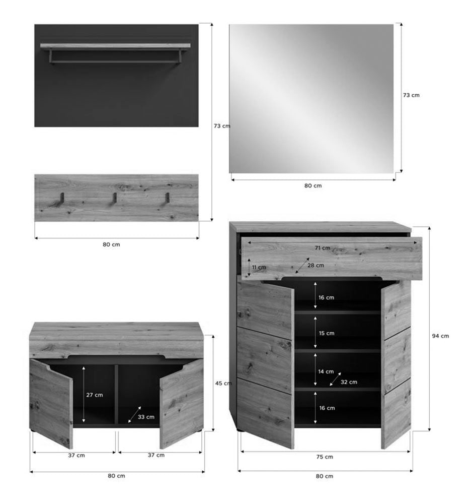 INOSIGN Garderoben-Set »Garderobenkombination Rehat, Breite 175cm,in Basalt grau/Artisan Eiche«, (4 St.), Flurmöbel, Dielenmöbel, Kombination, Diele, Garderobe, Garderobenmöbel