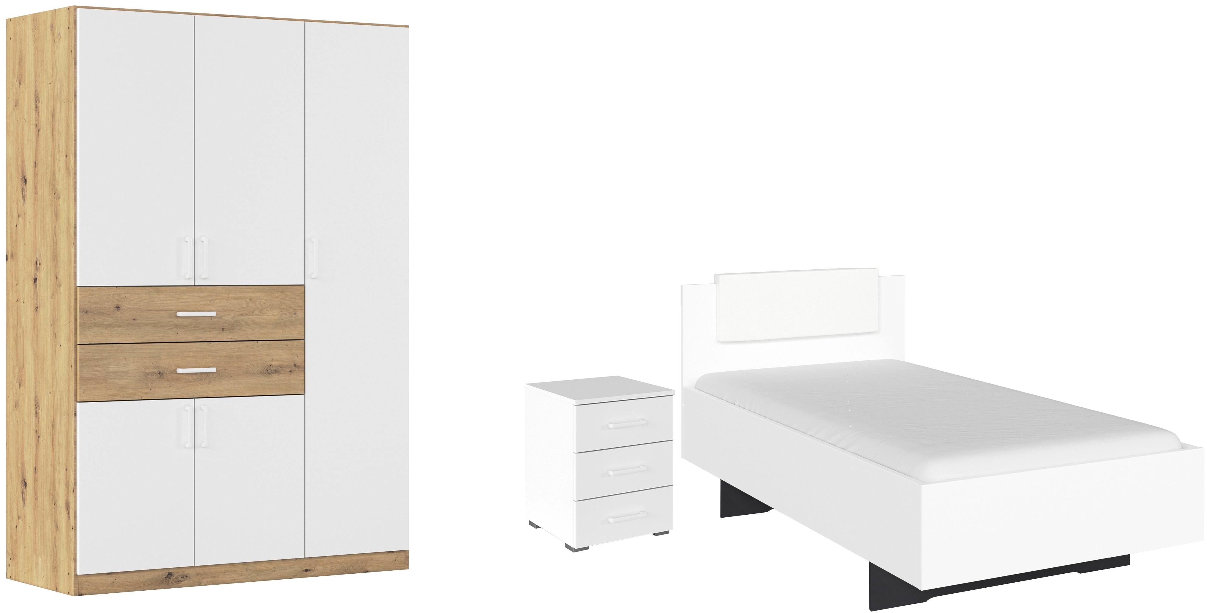 rauch "Komplettzimmer Komplettschlafzimmer Schlafzimmer-Set (3-St.) MAIKA" Set, 3 Stk. tlg. Schrank 3 Breiten, 2 Höhen, Bett 100 cm, Nachttisch MADE IN GERMANY
