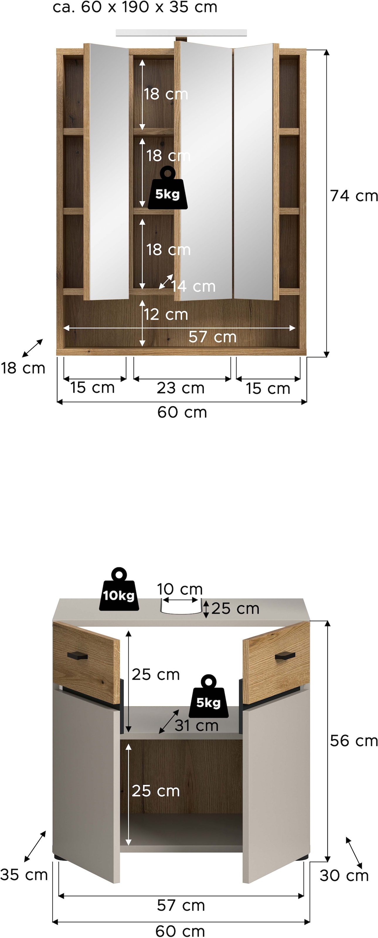 welltime Badmöbel-Set »VANN, 2-teilige moderne Badkombination, inkl. Beleuchtung« 1x Waschbeckenunterschrank, 1x Spiegelschrank inkl. Beleuchtung, 2 Stk. tlg.