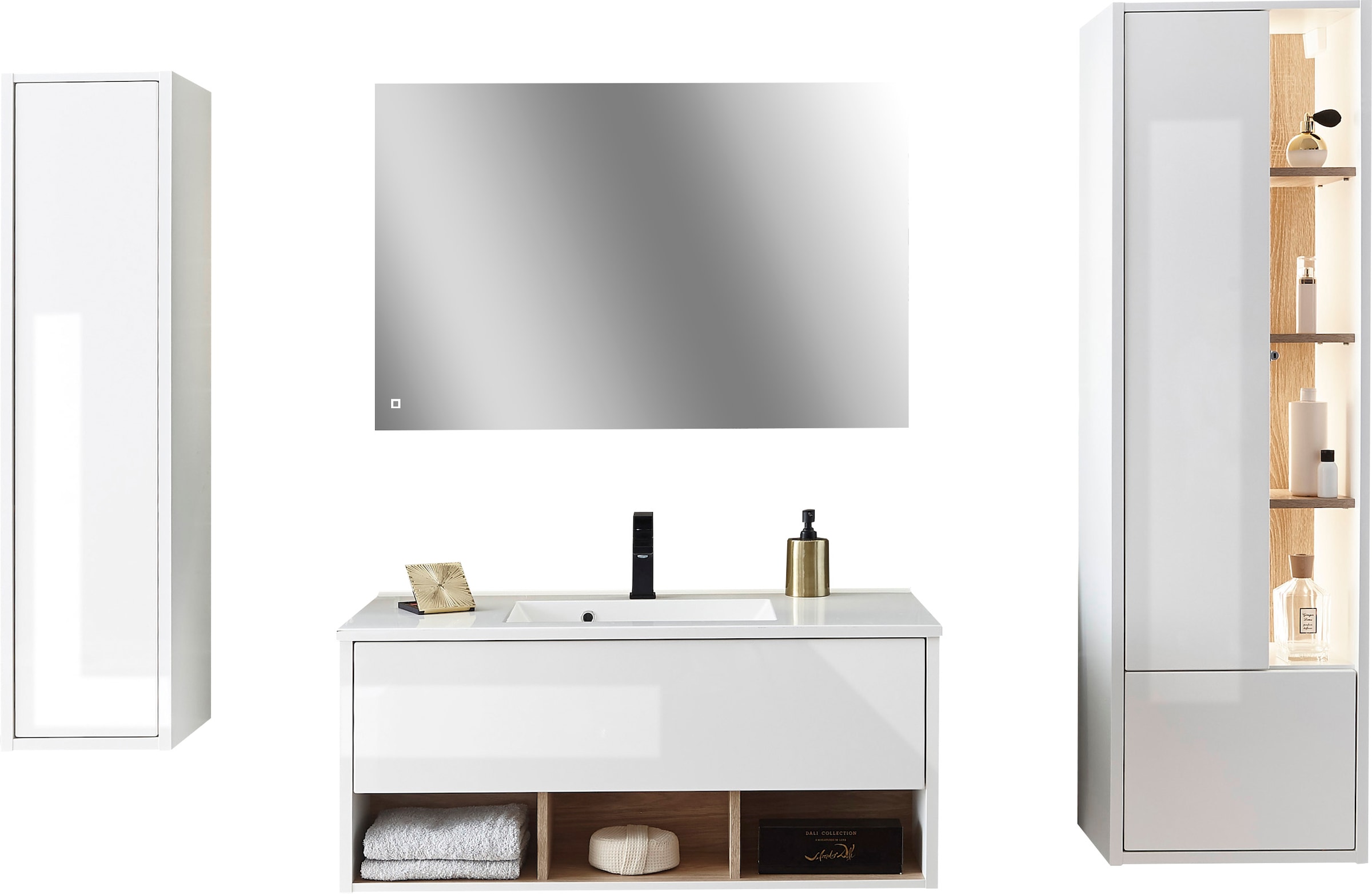 Places of Style Badmöbel-Set »Studio Line, Bad im modernen Design, 4-teiliges Badezimmer«, (4 St.), Schrank, Waschtisch und Spiegel, in zwei Farben verfügbar, Stauraum
