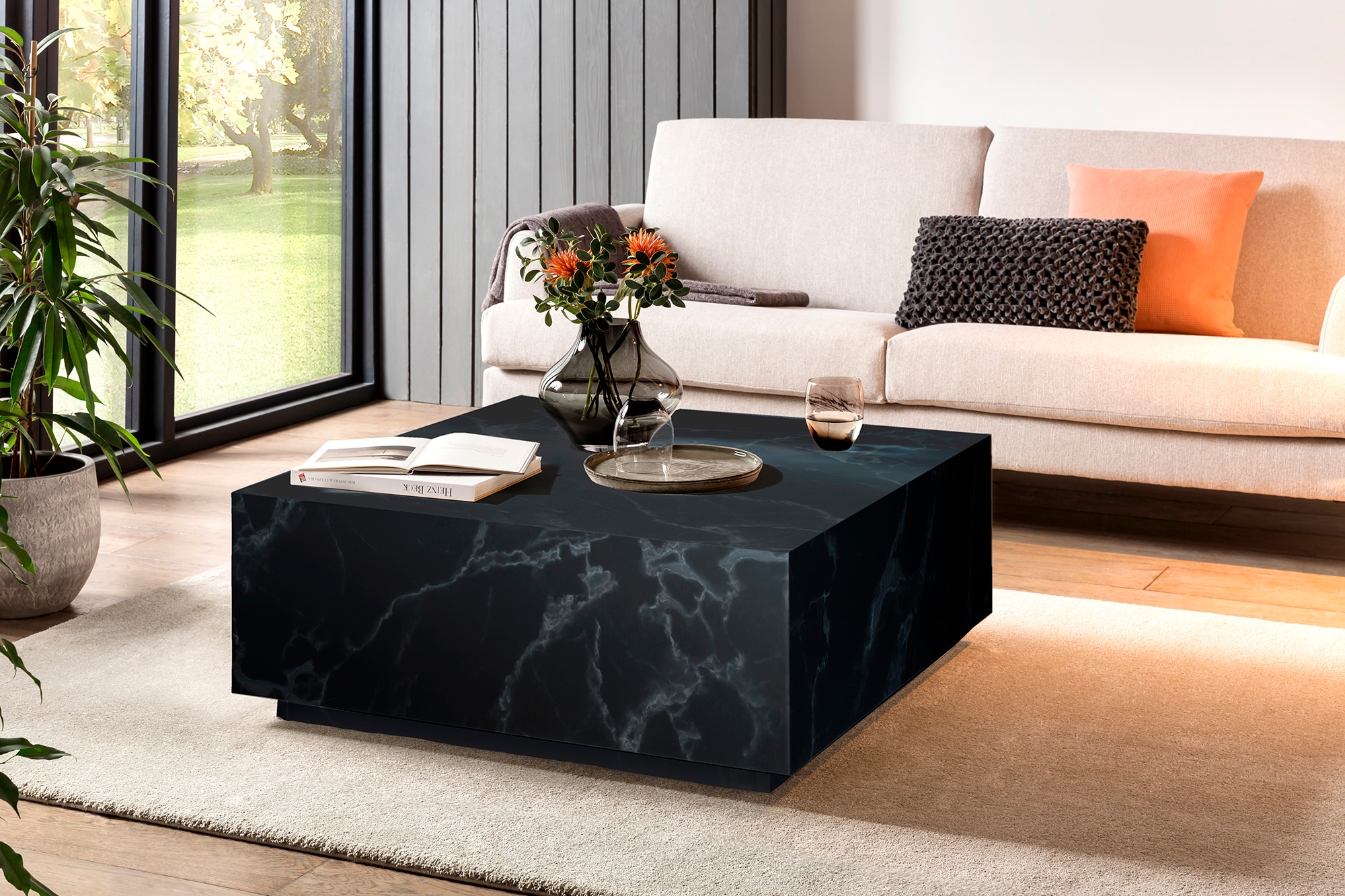 SalesFever Couchtisch »Almería Beistelltisch in Schwebe-Optik«, quadratisch 90x90 cm, in Marmoroptik foliert