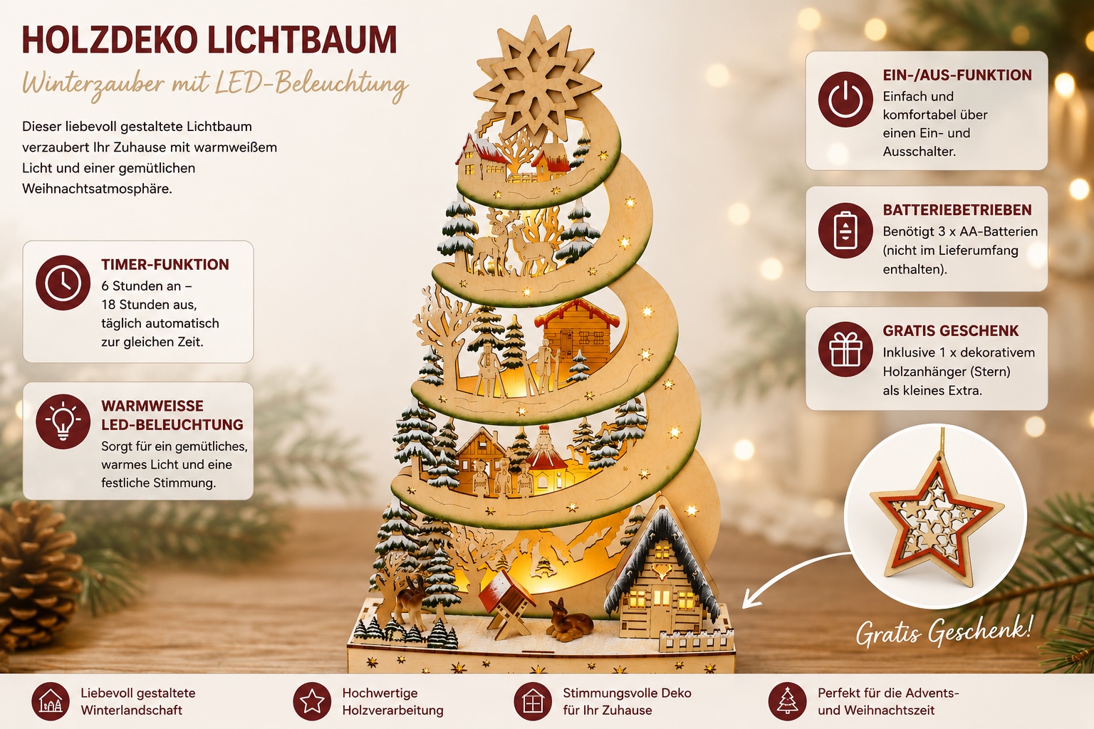 OTTO home Weihnachtsszene »Fensterdeko, LED-Lichtbaum aus Holz, Timer-Funktion, 1 Stück« Weihnachtliche Verzierung mit LED-Lichtern, Höhe 47,5 cm