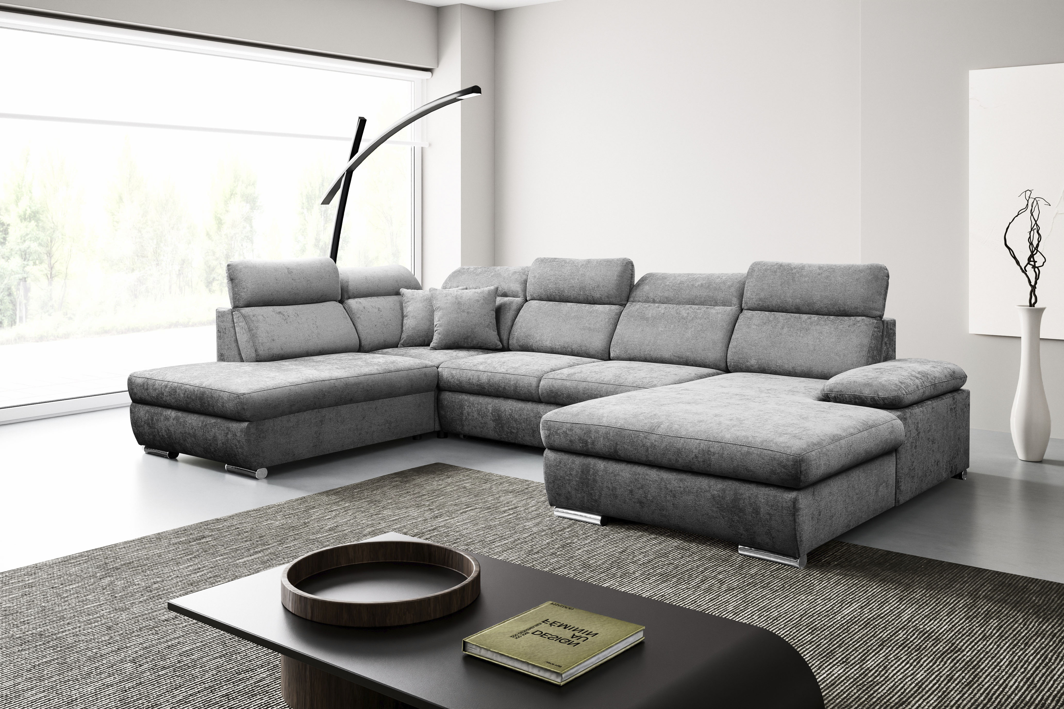 WERK2 Wohnlandschaft "Cordoba 359 x 232 cm inkl. Bett modern und bequem" Struktur, U-Form, XXL, Schlaffunktion, Bettkasten