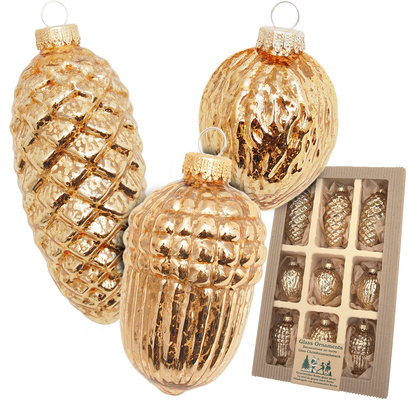 Krebs Glas Lauscha Christbaumschmuck »Antikes Glas Nüsse & Zapfen«, (Packung, 9 tlg.), Christbaumschmuck aus Glas, mundgeblasen, handgefertigt, Zapfen