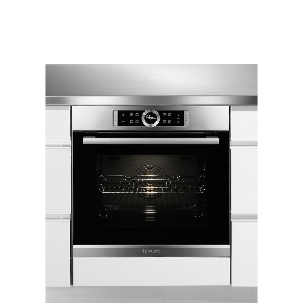 BOSCH Einbaubackofen »HBG635B«, Serie 8, mit Teleskopauszug nachrüstbar, ecoClean Direct, 4D-Heißluft-Eco-Ober-/Unterhitze Eco-Umluft-Infra-Grill-Großflächen-/Kleinflächengrill-Pizzastufe-Sanftgaren-Vorwärmen-Warmhalten-Auftaustufe, mit Pizzastufe