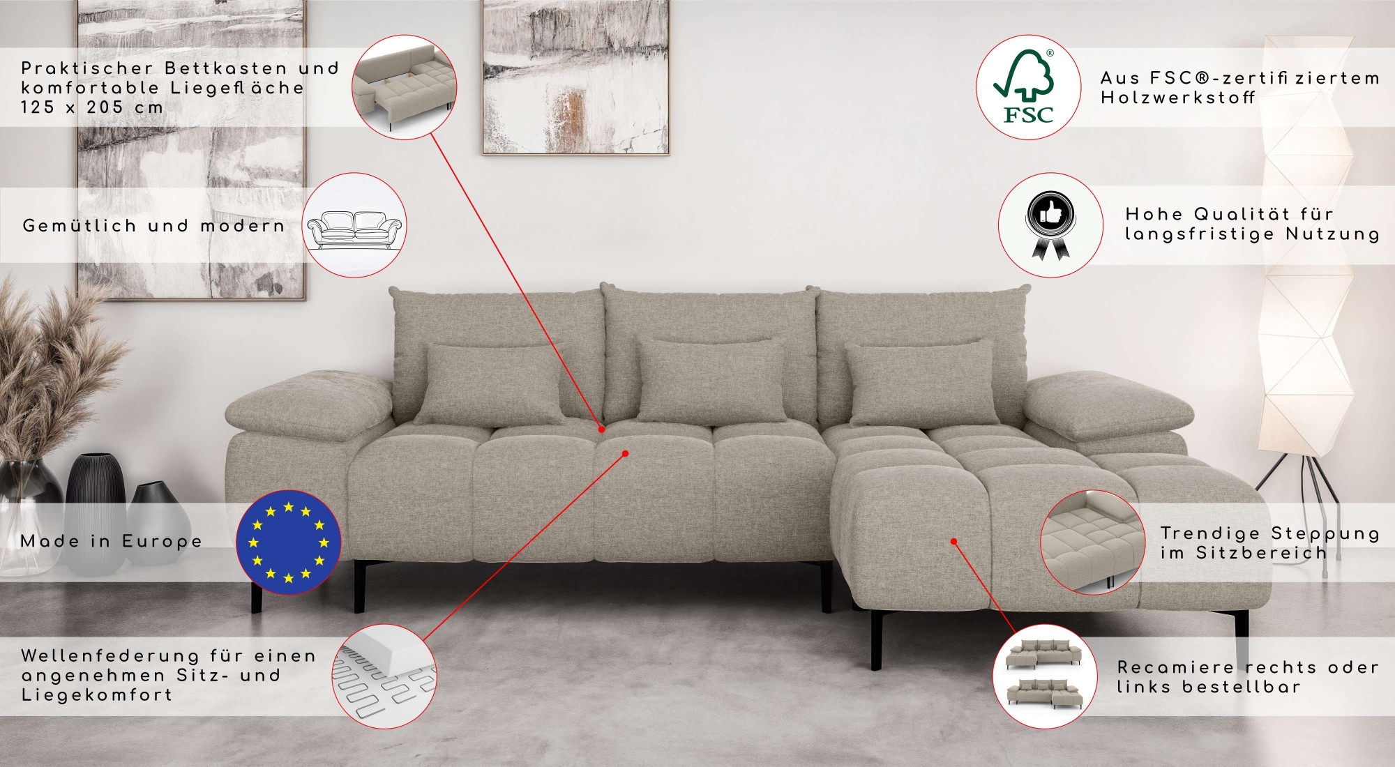 INOSIGN Ecksofa »DROMARA Schlafsofa mit Bettkasten, Maße: B/T/H 277/141/91 cm«, L-Form mit Recamiere rechts/links bestellbar, Wellenunterfederung