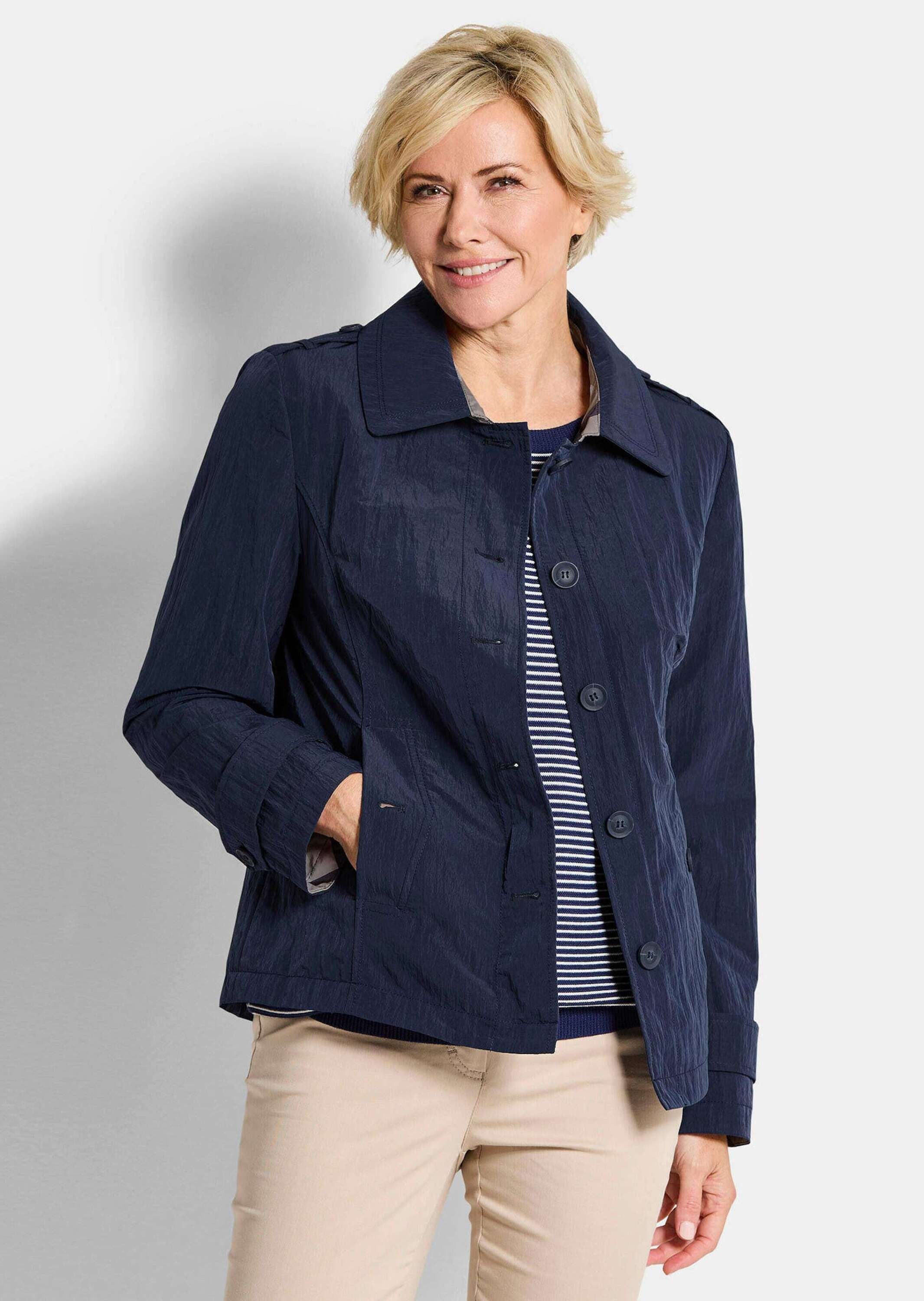 Blouson GOLDNER "Übergangsjacke mit Crash-Optik", Damen, Gr. 38, blau (marine), Obermaterial: 55% Polyamid PA. 45% Polyester PES., figurumspielend, Jacken Blouson, Sattel mit bedruckten Konbtrastfutter 2