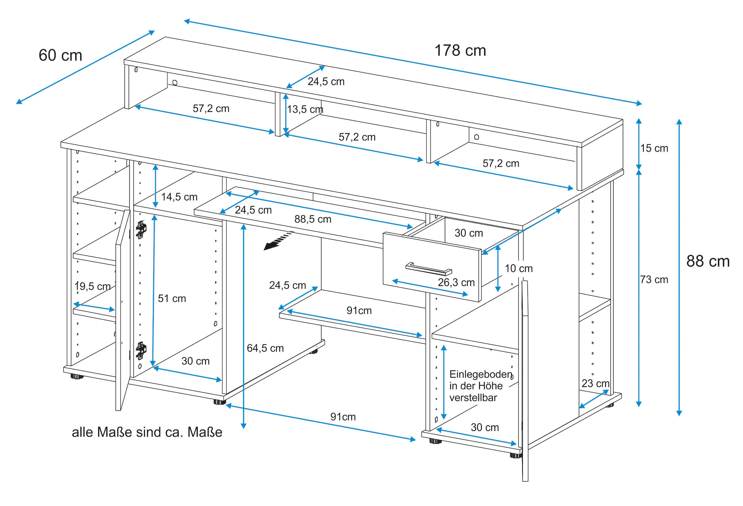 VOGL Möbelfabrik Schreibtisch »Timra mit Monitoraufsatz, Tastaturauszug & Towerfach,«, Breite 154 oder 178 cm, Made in Germany
