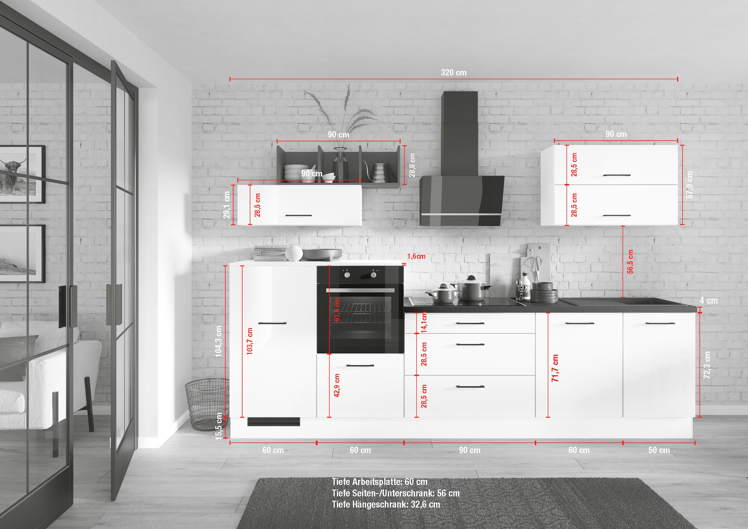 IMPULS KÜCHEN Küchenzeile »"New York", Schubkästen mit Soft-Close,«, (Set), wählbare Ausrichtung, Soft-Close-Schubkästen, Breite 320 cm