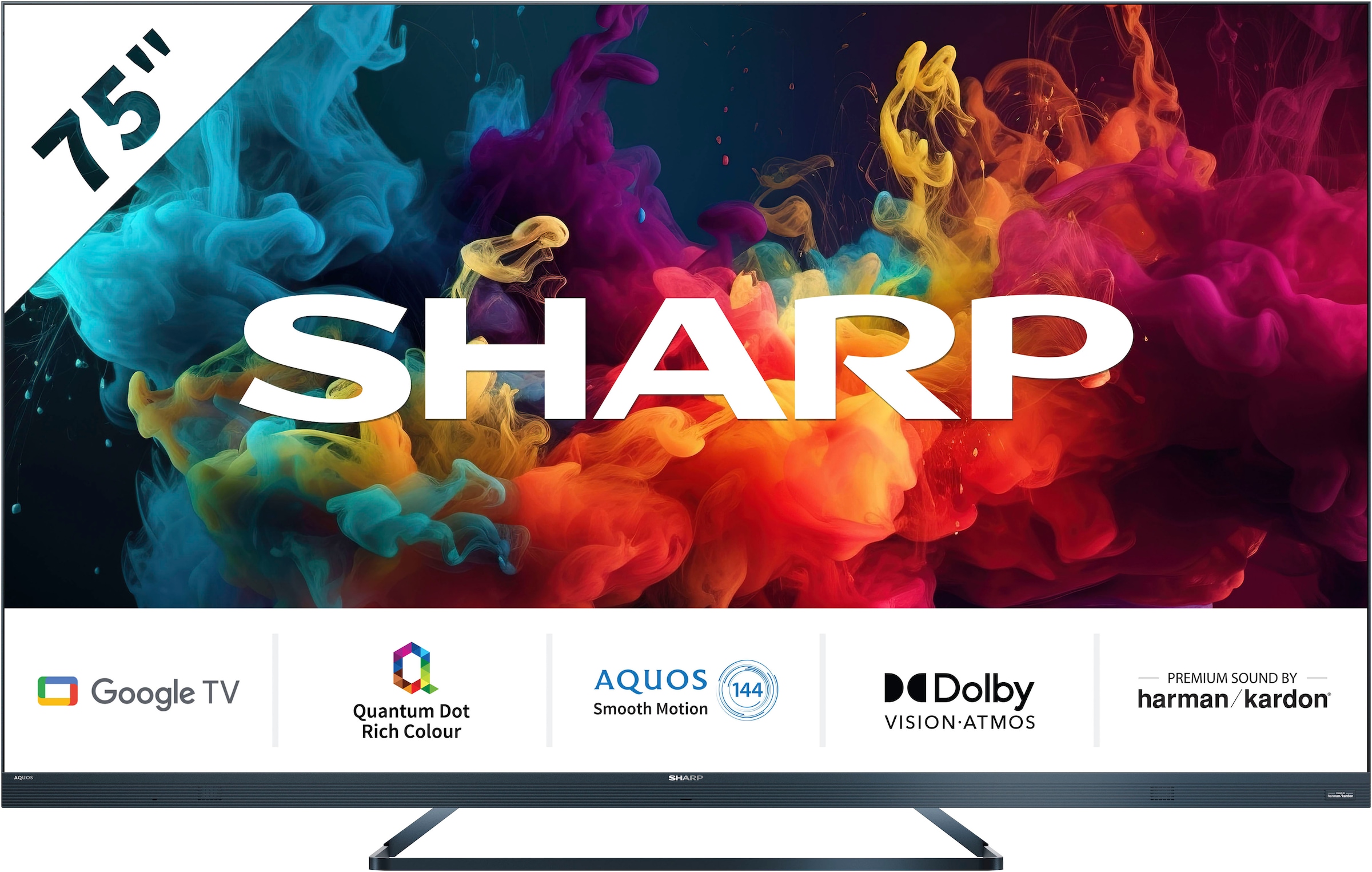 Sharp LED-Fernseher »SHARP 75FQ5EG Quantum Dot Google TV 189 cm (75 Zoll) 4K Ultra HD QLED«, 189 cm/75 Zoll, 4K Ultra HD, Google TV, Quantum Dot, QLED, Dolby Atmos, Dolby Vision, HDMI 2.1 mit eARC
