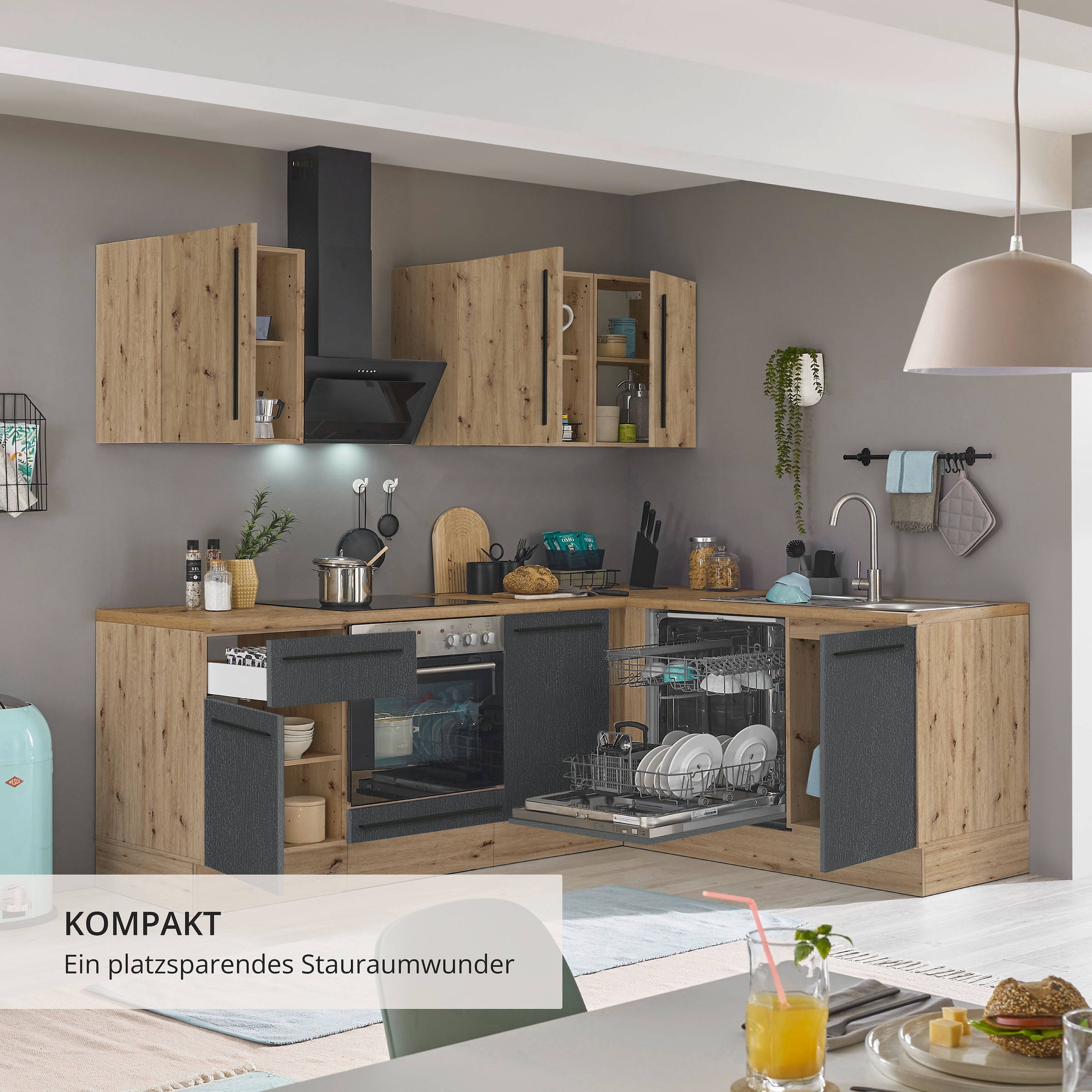 KOCHSTATION Winkelküche »Florida, Stellbreite 220x175 cm« wahlweise mit E-Geräten, mit Softclose für Türen und Schubkästen