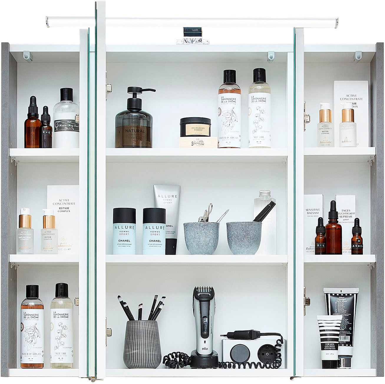 Saphir Badmöbel-Set »Quickset 945 3-teilig, Keramik-Waschtisch mit LED-Spiegelschrank«, (4 St.), Midischrank, 7 Türen, 3 Schubladen, 8 Einlegeböden, inkl. Türdämpfer