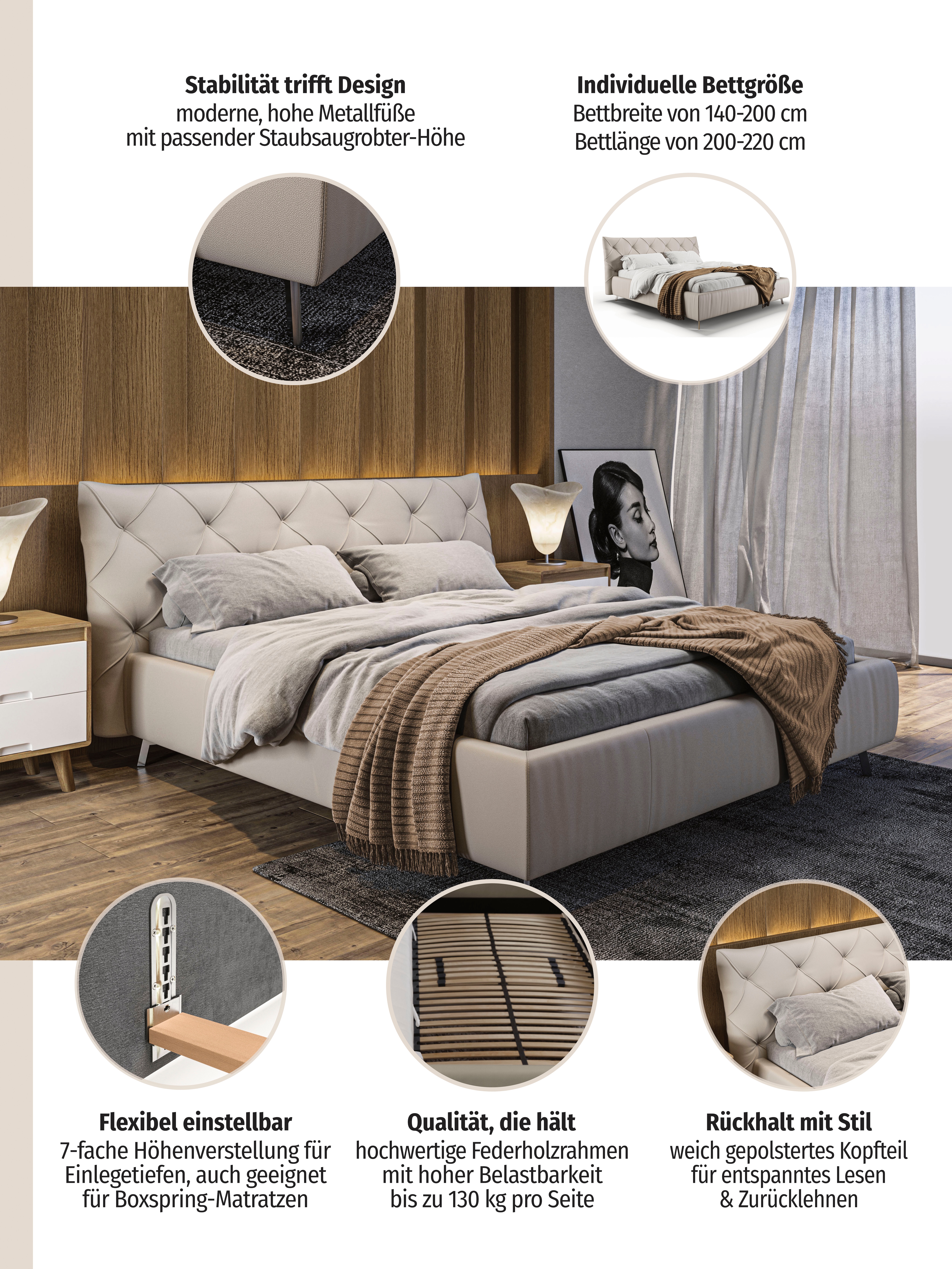 Thumbnail - Leonique Polsterbett "Elloree, in 4 Breiten bis 200cm, auch in Leder" Kopfteilhöhe 105 cm, belastbar bis 280 kg, auch in...