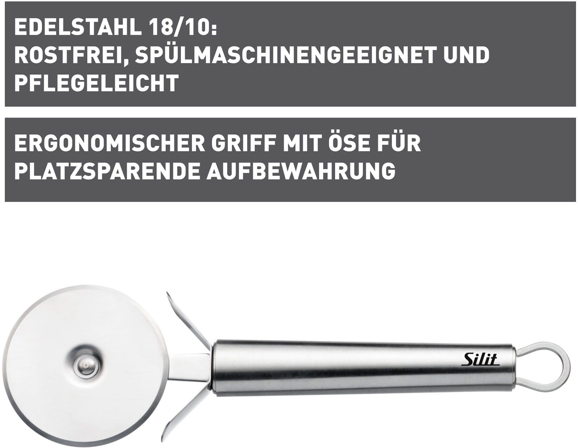 Silit Pizzaschneider »Classic Line«, (1 tlg.), Pizzaschneider 22 cm, scharfes Schneidrad, Fingerschutz, Edelstahl