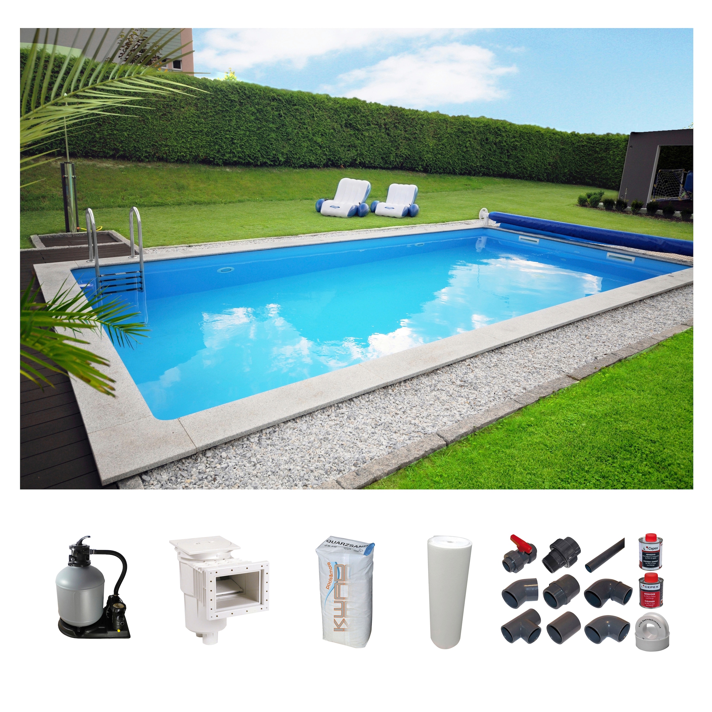 KWAD Rechteckpool »mit Römertreppe«, (Set), 8x4, 7x3,5 oder 6x3m Höhe: 1,50m, mit Foliensack 0,6mm