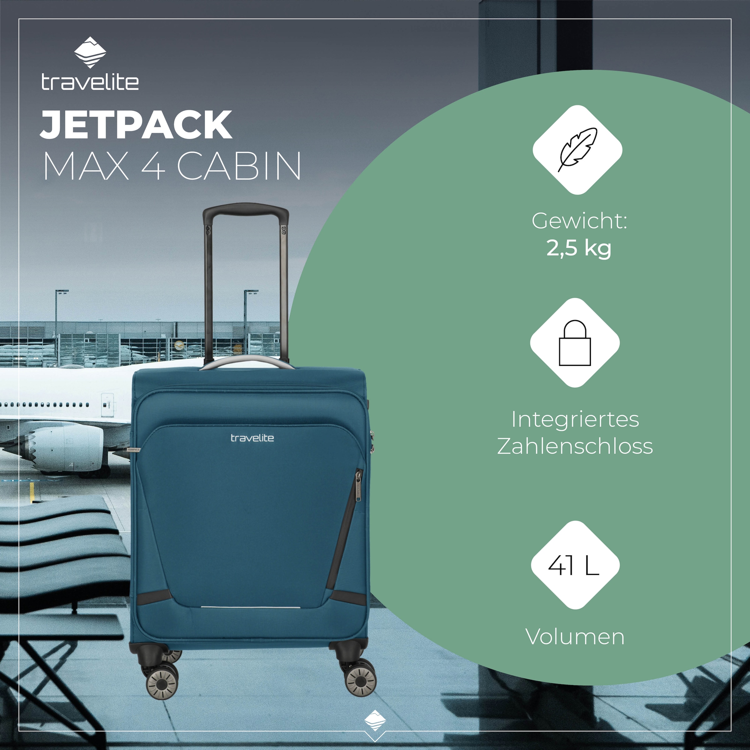 travelite Handgepäck-Trolley »JETPACK Max 4 Cabin, konzip. für Lufthansa, Austrian Airlines & Swiss«, 4 Rollen, Weichgepäck-Koffer Handgepäck für die meisten gängigen Airlines