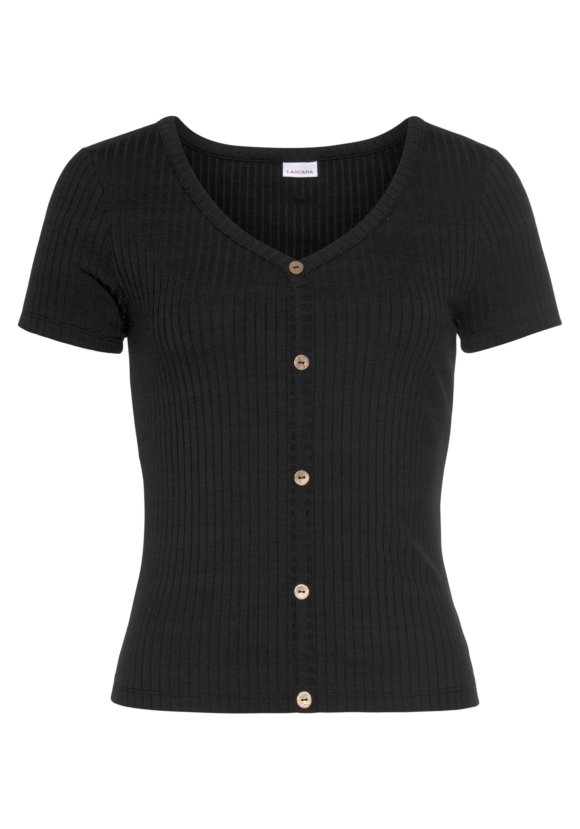 LASCANA Kurzarmshirt, aus Rippware mit Zierknopfleiste, T-Shirt, V-Ausschni günstig online kaufen