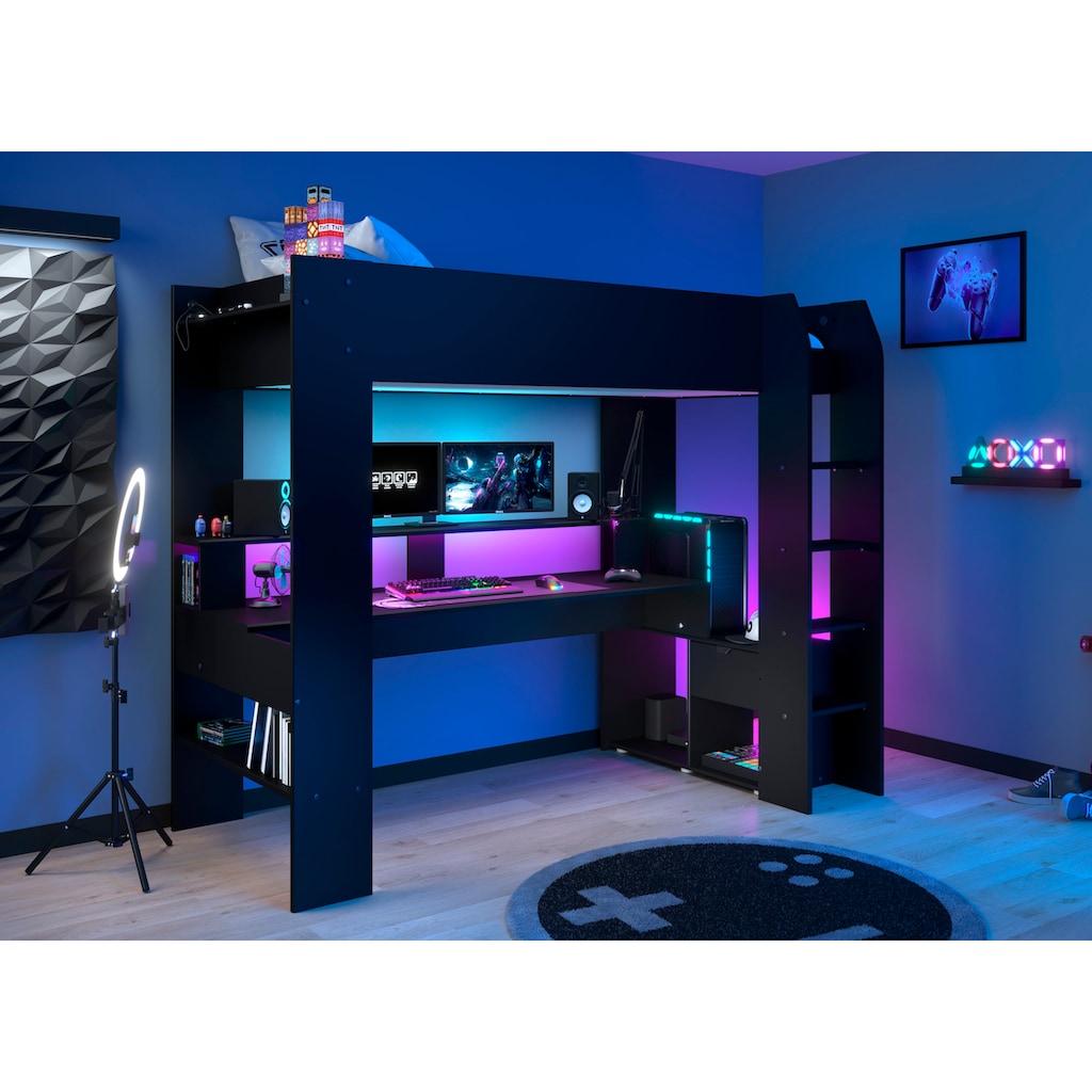 Parisot Hochbett, Gaming-Bett, mit USB, LED, Stauraum, Schreibtisch