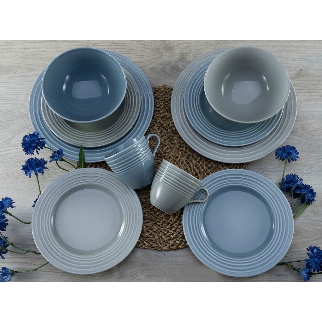 CreaTable Kombiservice »Geschirr-Set Stripes Colors«, (Set, 16 tlg., Kaffeeservice und Tafelservice im Set, für 4 Personen), Service, umlaufendes Rillenrelief, 16 Teile, für 4 Personen