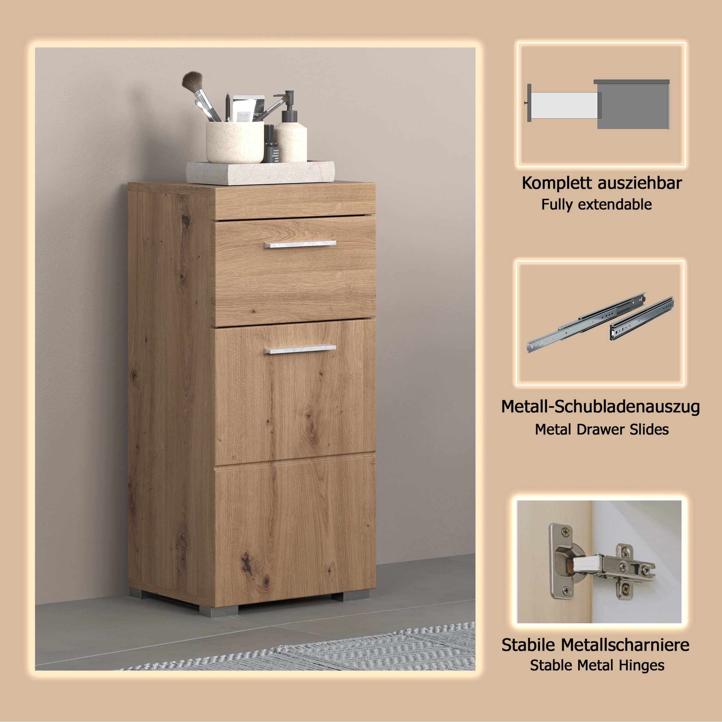 Thumbnail - welltime Unterschrank "Avena" Badezimmerkommode mit 1 Schublade und 1 Tür - Maße (B/T/H) 37/31/79 cm