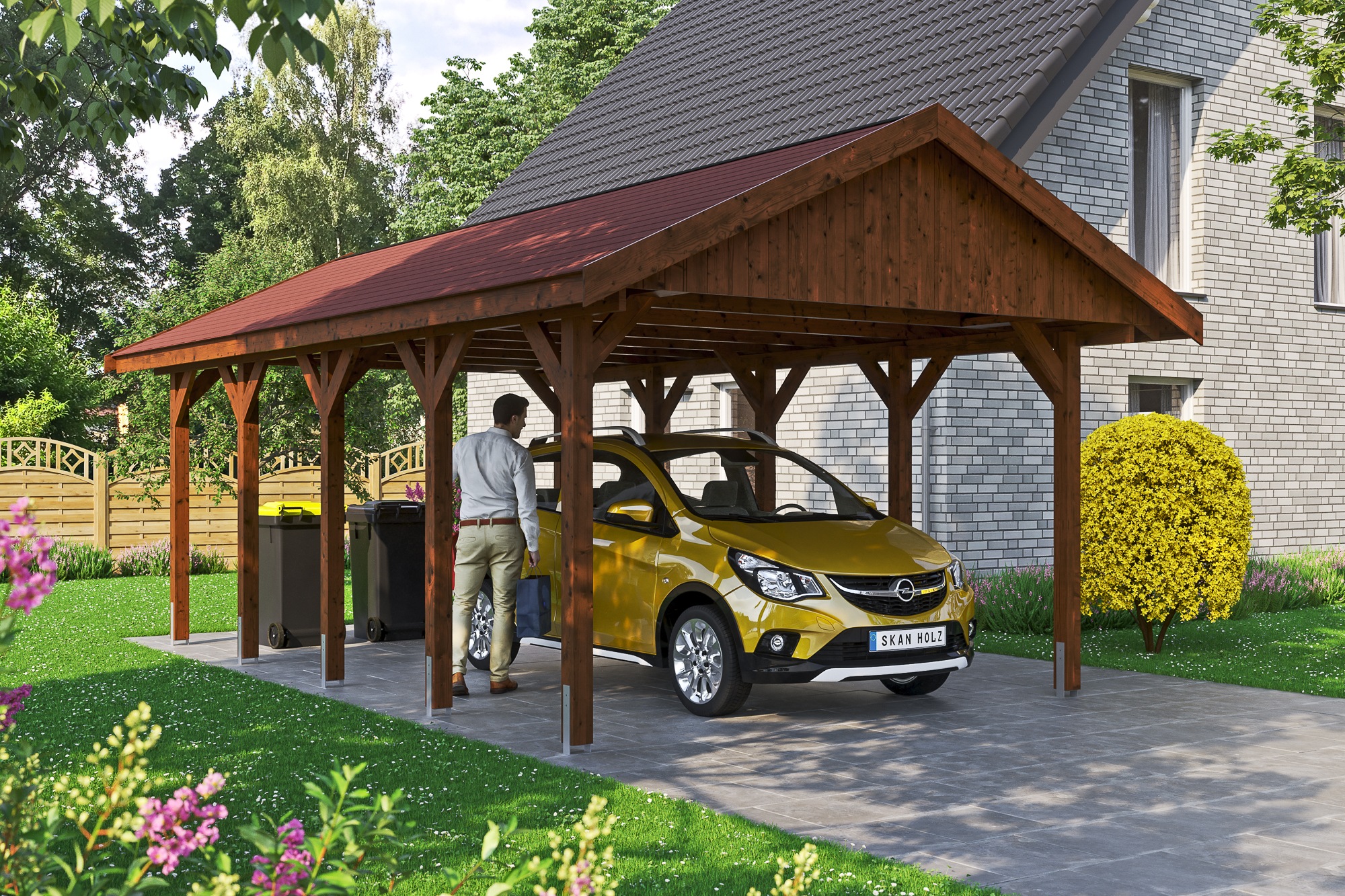 Skanholz Einzelcarport »Wallgau«, Nadelholz, 340 cm, Nussbaum, mit roten Dachschindeln