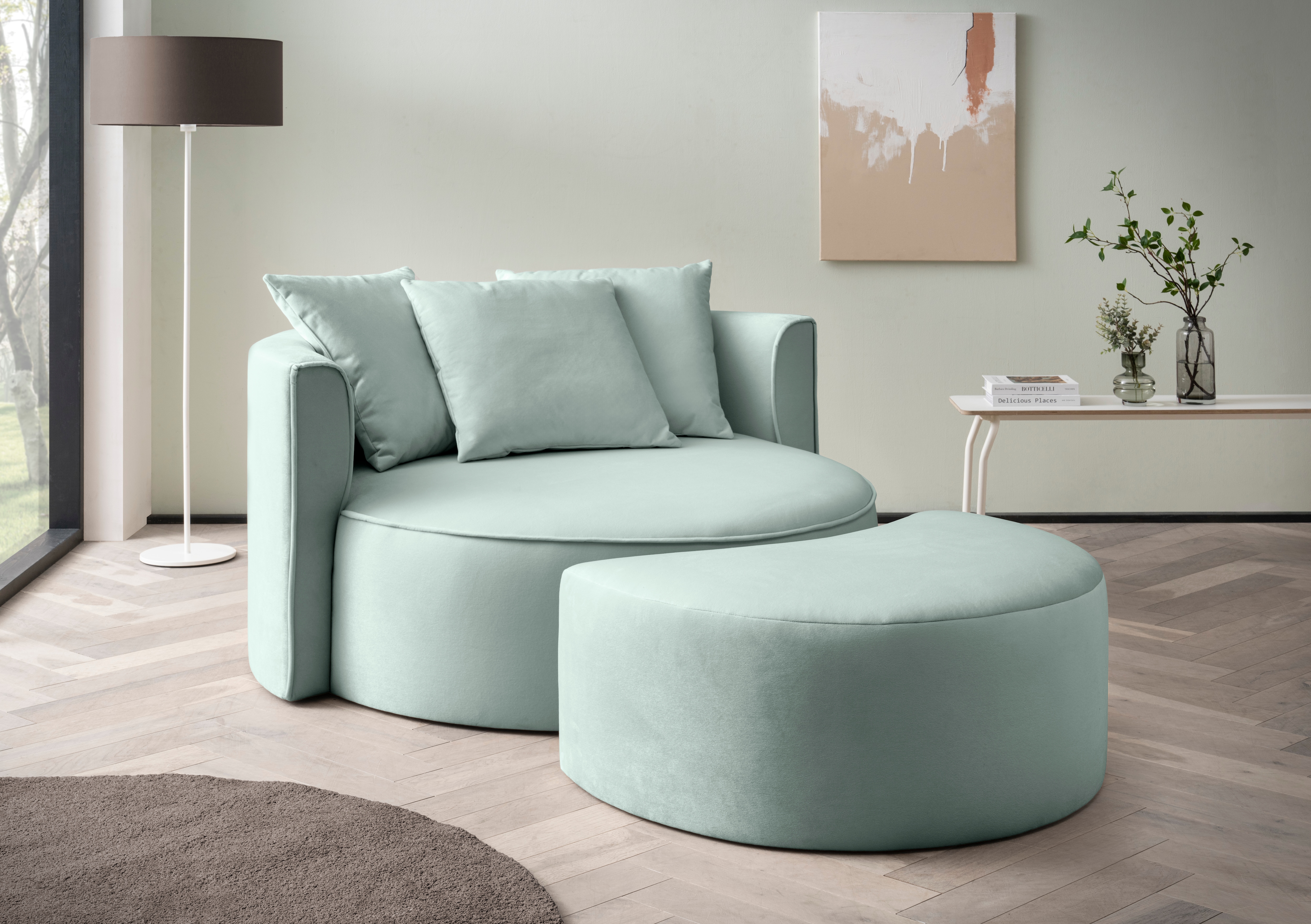 LeGer Home by Lena Gercke XXL-Sessel "ISALIE Samtoptik, Rundsessel m. Hocker, Lesesessel,Loveseat,Big-Sessel" Set, trendige Bezugsstoffe, 3 Zierkissen, große Sitzfläche
