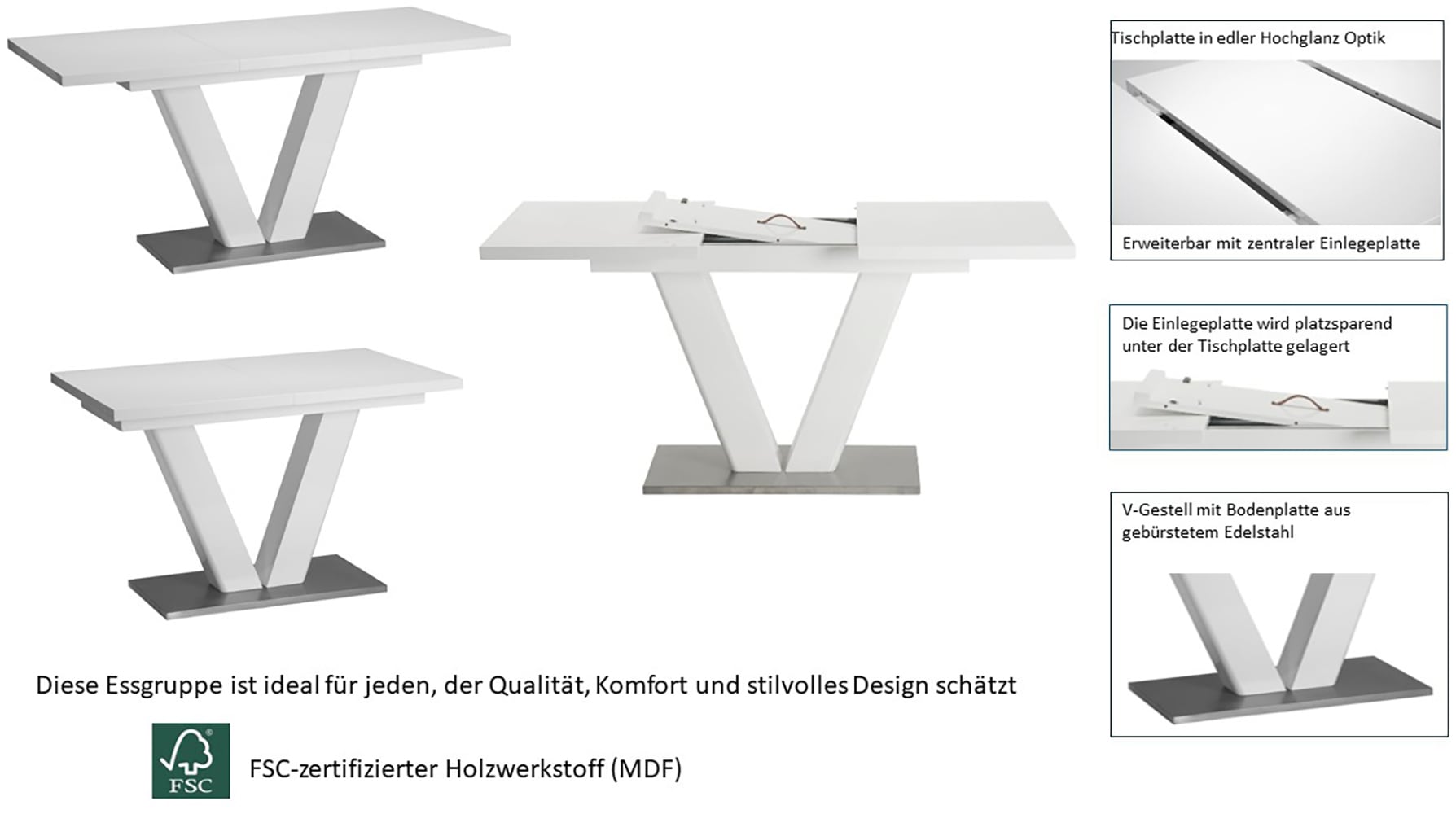 Home affaire Essgruppe »Elbach Ausziehtisch«, (Set, 5 tlg.), ausziehbar 120-160 cm, Hochglanz, Tischgruppe Freischwinger