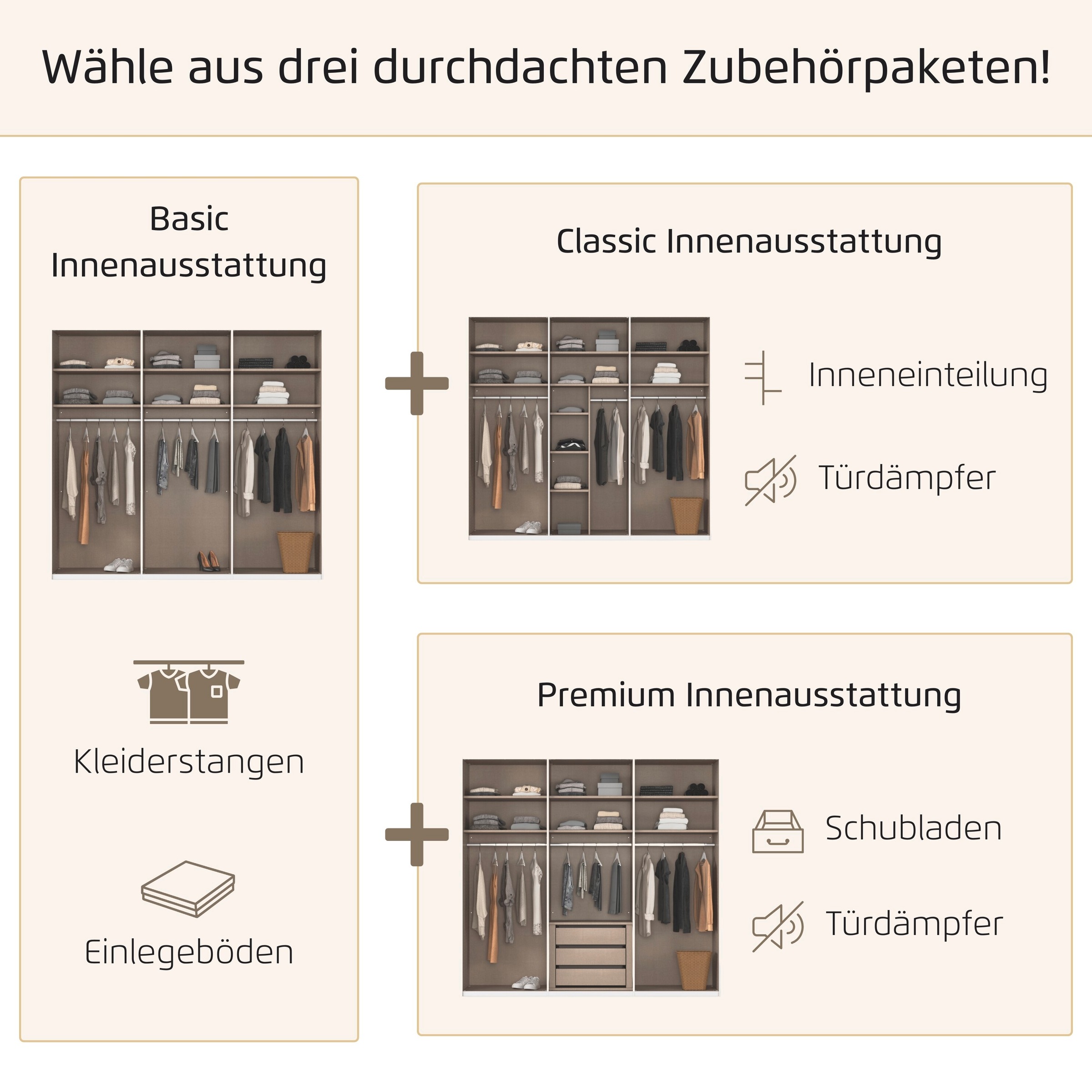 rauch Kleiderschrank »Schwebetürenschrank Schrank Garderobe Ankleide Schlafzimmer TARO« in 3 verschiedenen Ausstattungen BASIC/CLASSIC/PREMIUM (SOFT-CLOSE),  4 Breiten, optional Passepartout mit/ohne Beleuchtung MADE IN GERMANY