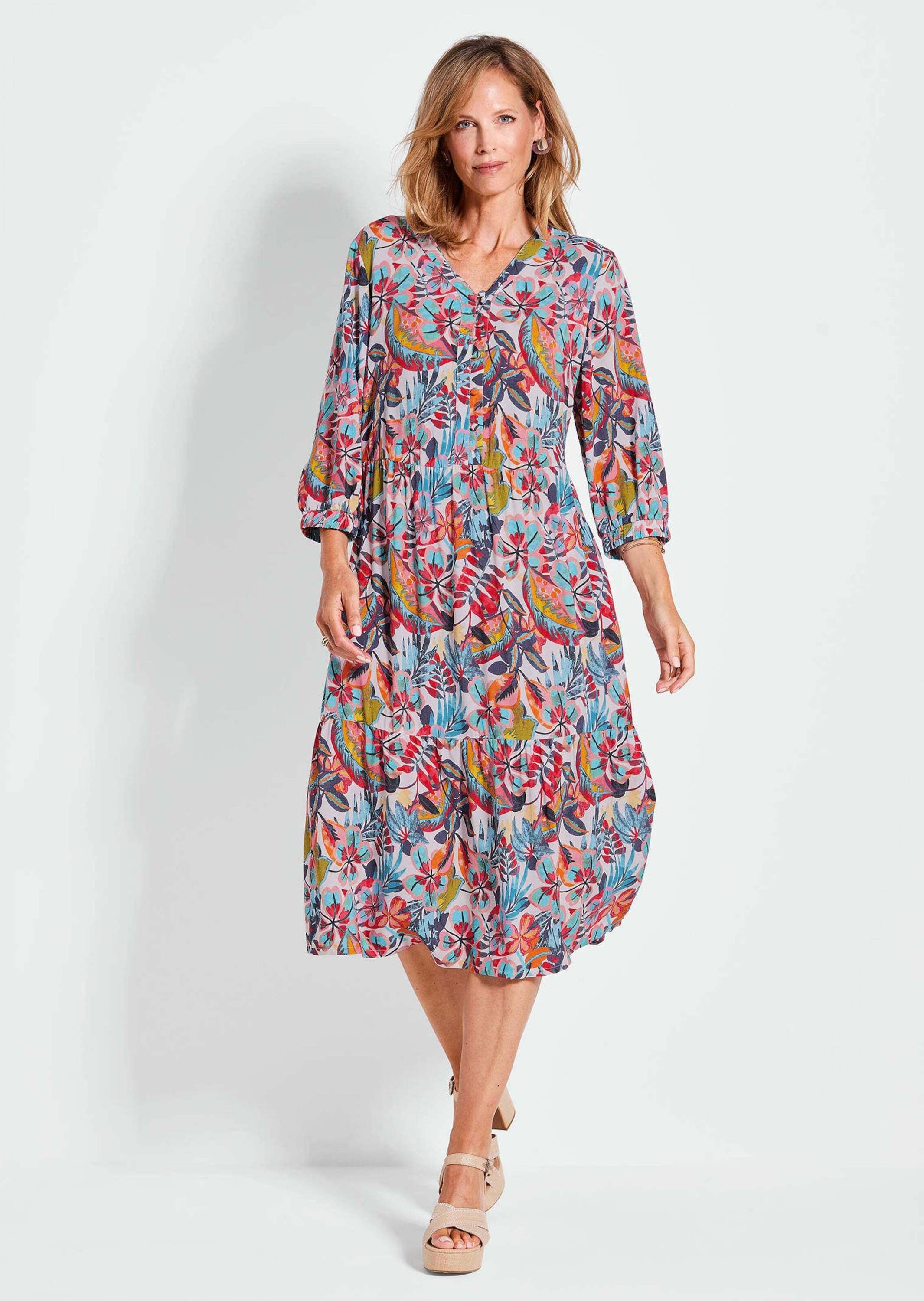 GOLDNER Sommerkleid »Kurzgröße Midikleid, Allover-Print, V-Ausschnitt« Teilungsnaht