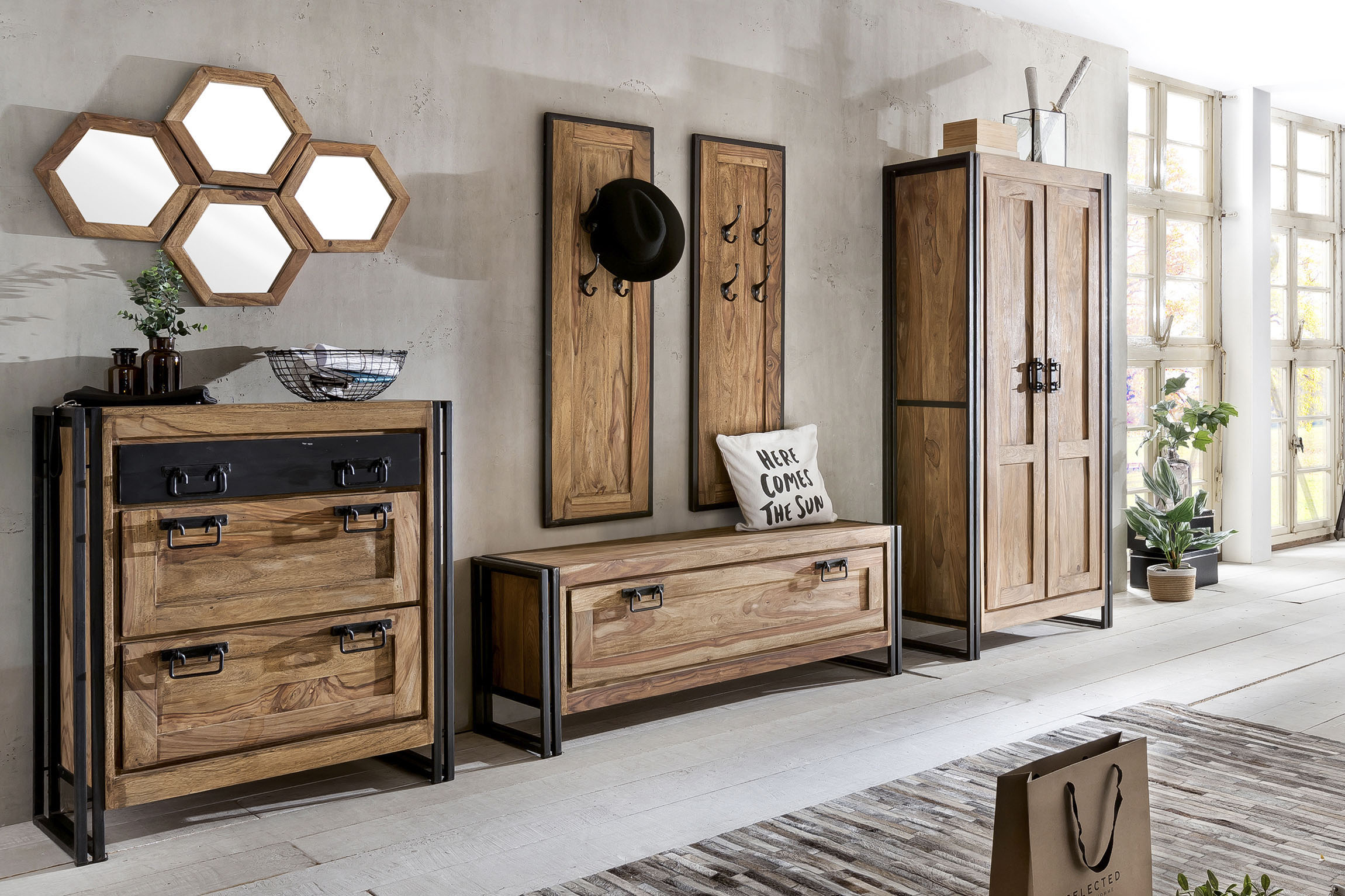 SIT Garderoben-Set "Marseille 9-teilig aus Akazienholz mit Schuhschränken & Spiegeln" 9 Stk. tlg.