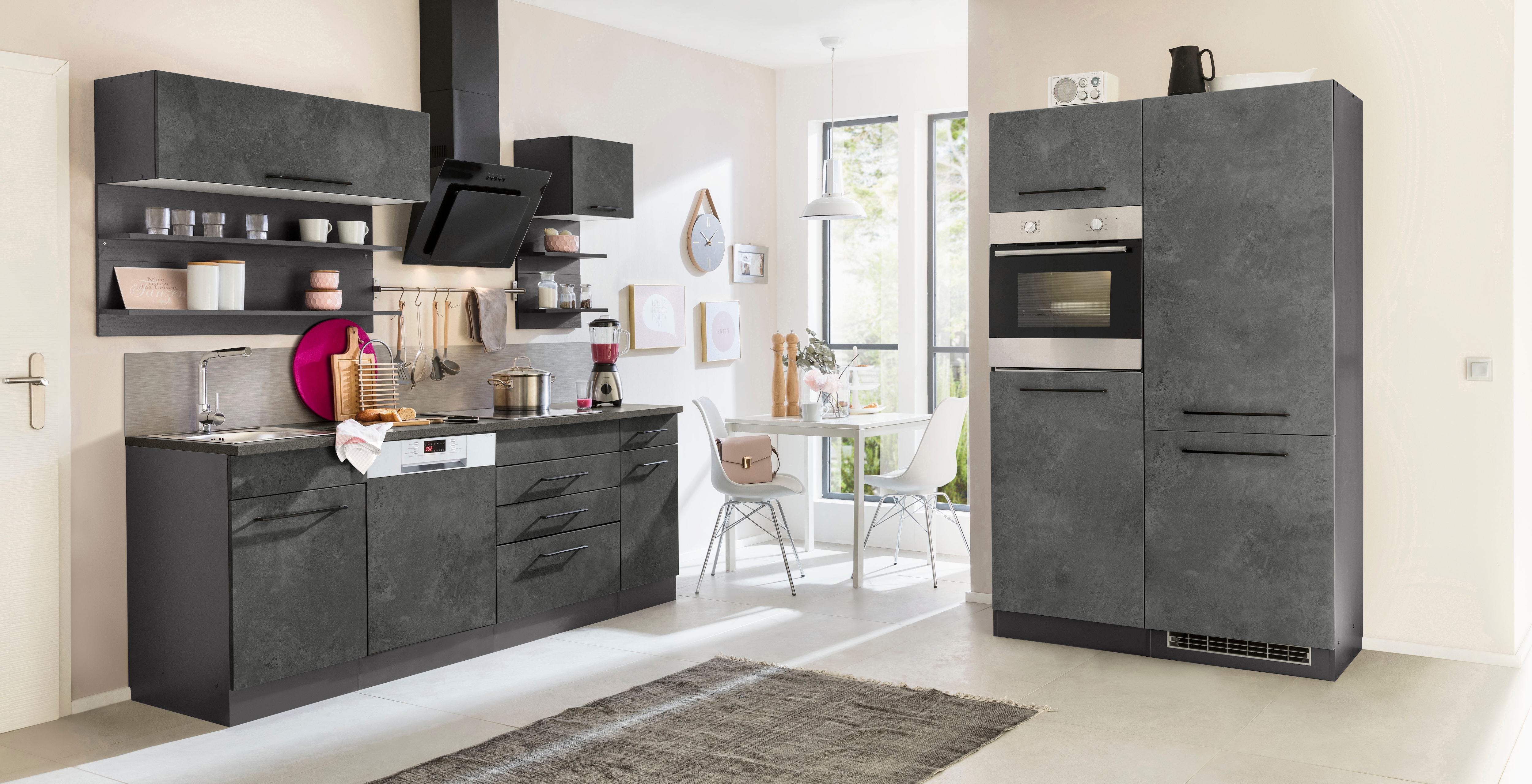 KOCHSTATION "KS-Tulsa" ohne E-Geräte, Breite 330 cm, schwarze Metallgriffe, MDF Fronten