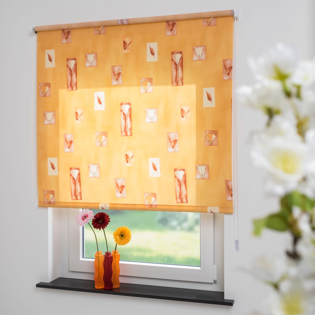 Liedeco Seitenzugrollo »Blumen orange«, Lichtschutz, Sichtschutz, mit Bohren/ohne Bohren, freihängend