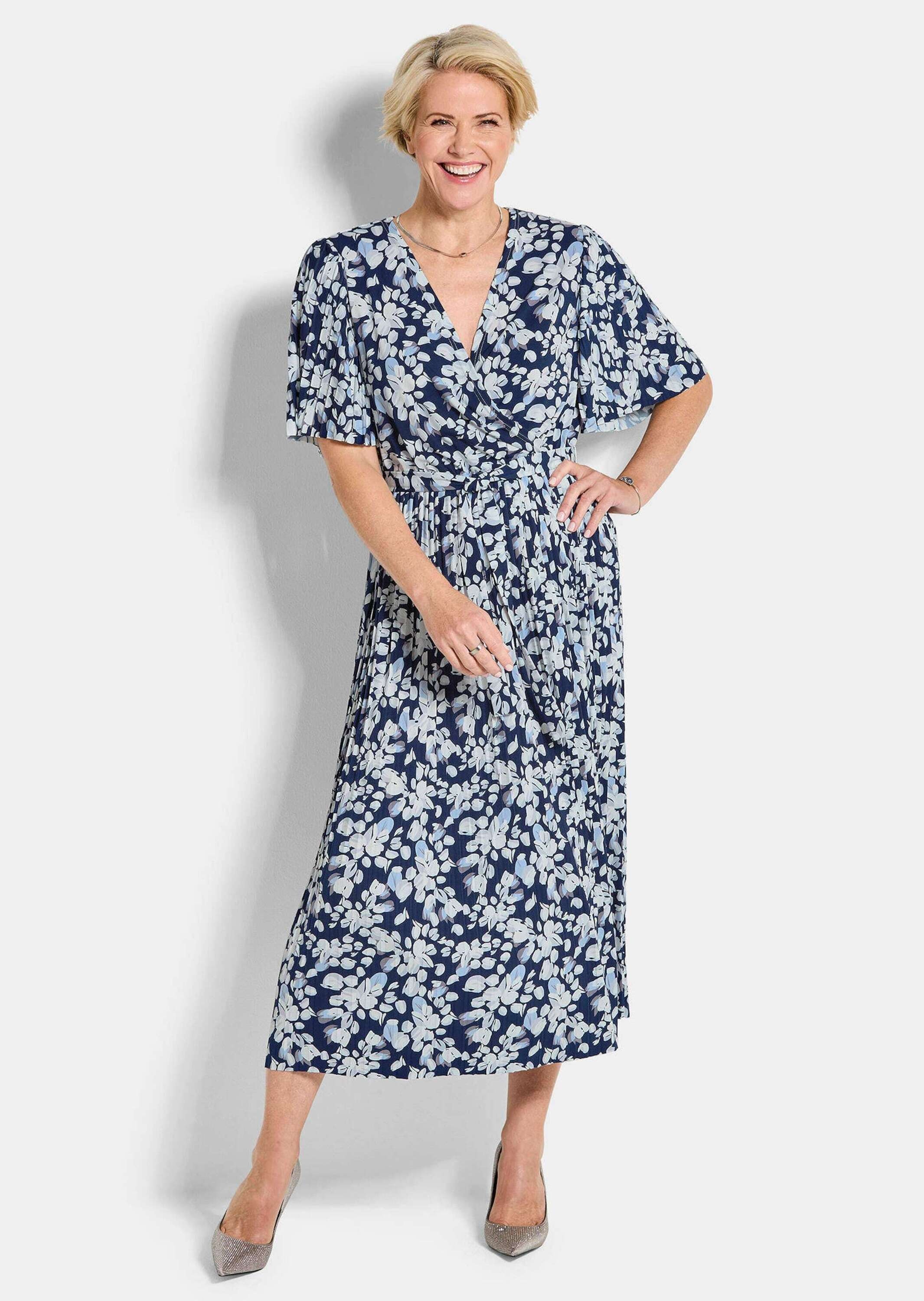 Thumbnail - GOLDNER Sommerkleid "Kurzgröße Wickelkleid mit floralem Design" Ohne Taschen Mit plissiertem Rockteil