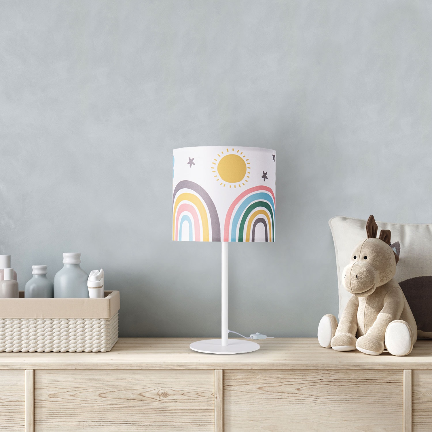 Paco Home Tischleuchte »Tweet 462«, 1 flammig, Leuchtmittel E14 | ohne Leuchtmittel, Lampe Kinderzimmer Ø 18cm Regenbogen Sonne Wolken Höhe 36,5cm E14