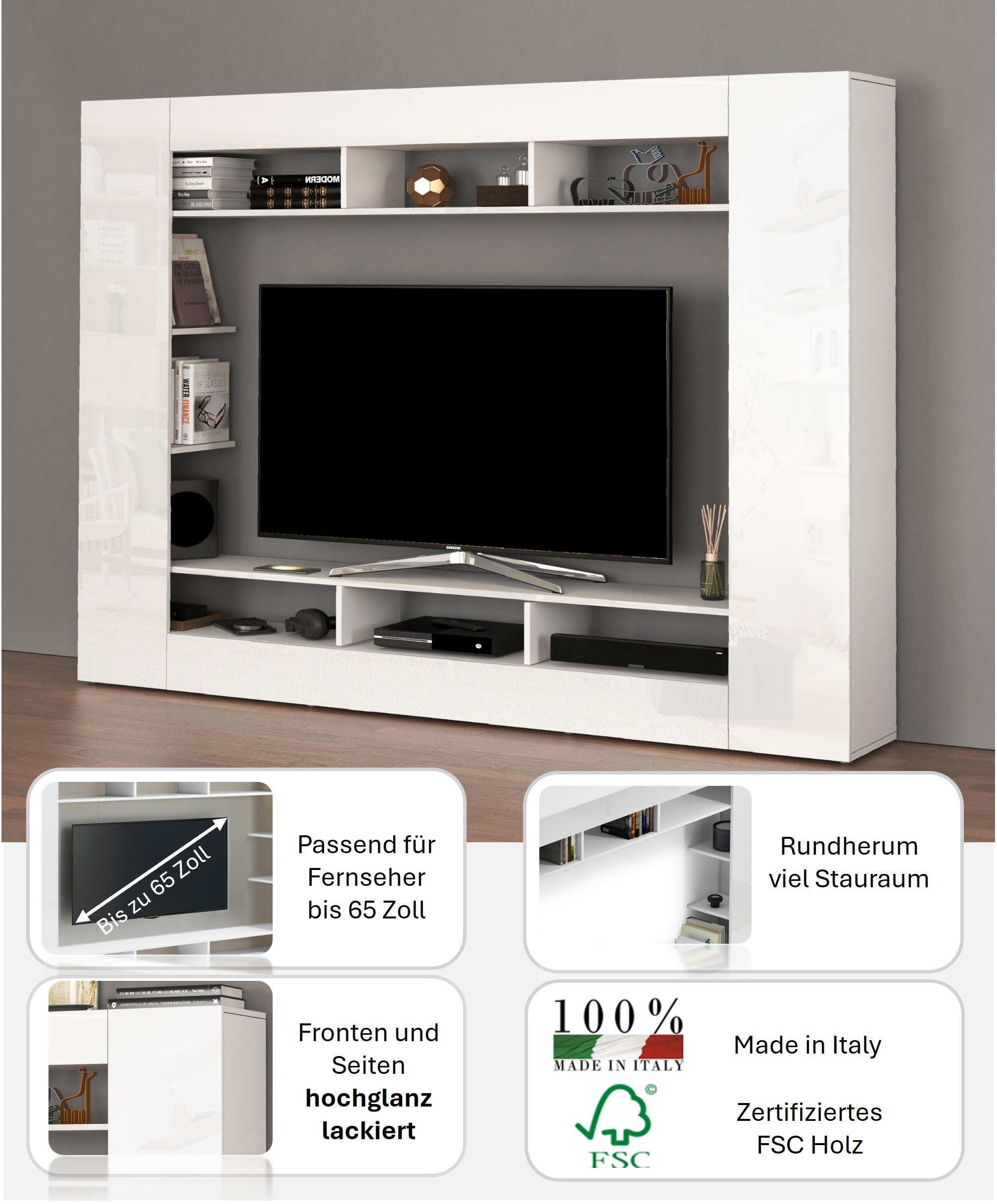 OTTO home Wohnwand »SPEED, TV-Wand, hochglanz lackiert,ideal für TV-Geräte bis zu 65 Zoll«, (1 St.), Made in Italy, B/T/H: 216×30,4×158,6 cm, mit ca. 12 offenen Fächern