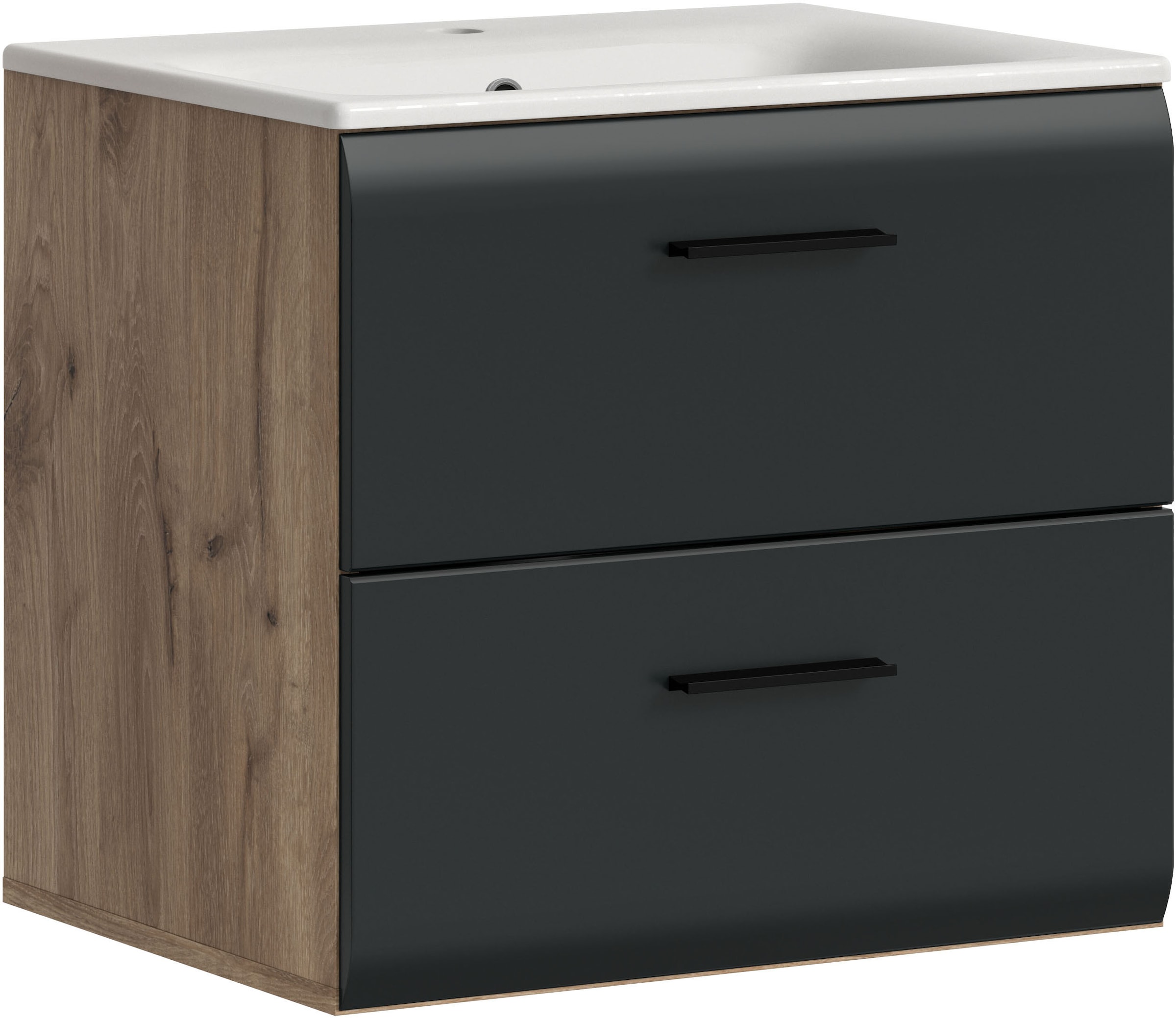 welltime Waschbeckenunterschrank "FLORENZ, Breite 60 cm, inkl. Waschbecken, hängende Montage" TOPSELLER, 2 Stk. tlg. hochwertige MDF Front, Griff schwarz, Badschrank, Bad