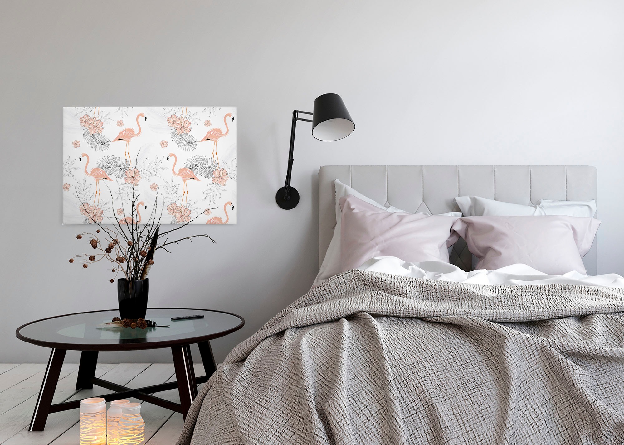 A.S. Création Leinwandbild »Tropical Vibes«, Kunst-Blumen-Kinder, (1 St.), Palmenblätter Flamingo Keilrahmen Leinwand-Bild Wohnzimmer modern Wand