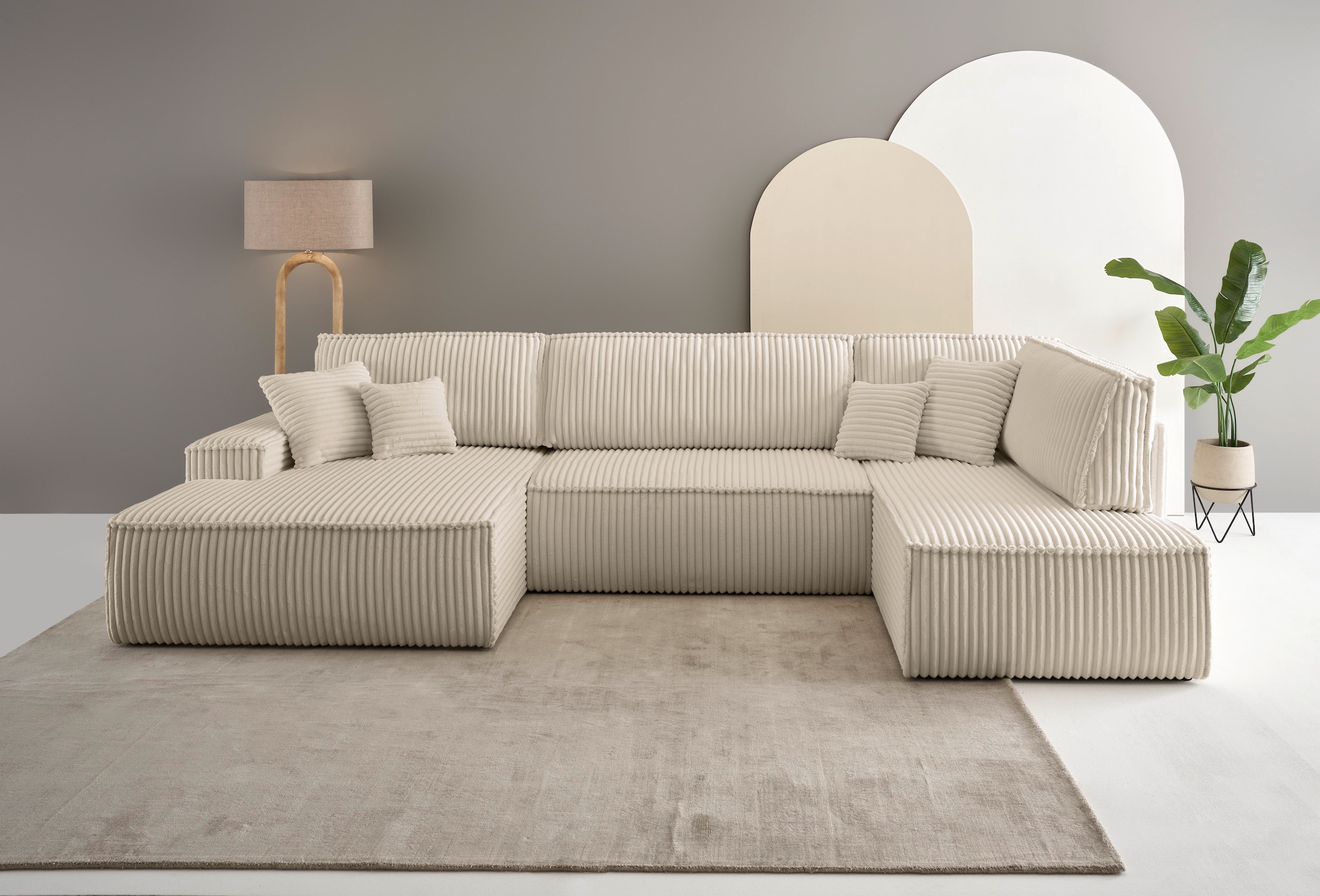 andas Wohnlandschaft »FINNLEY U-Form XXL 329 cm, Schlafsofa, Schlaffunktion m. Bettkasten«, (194/139 cm), Bouclé, Struktur und Cord