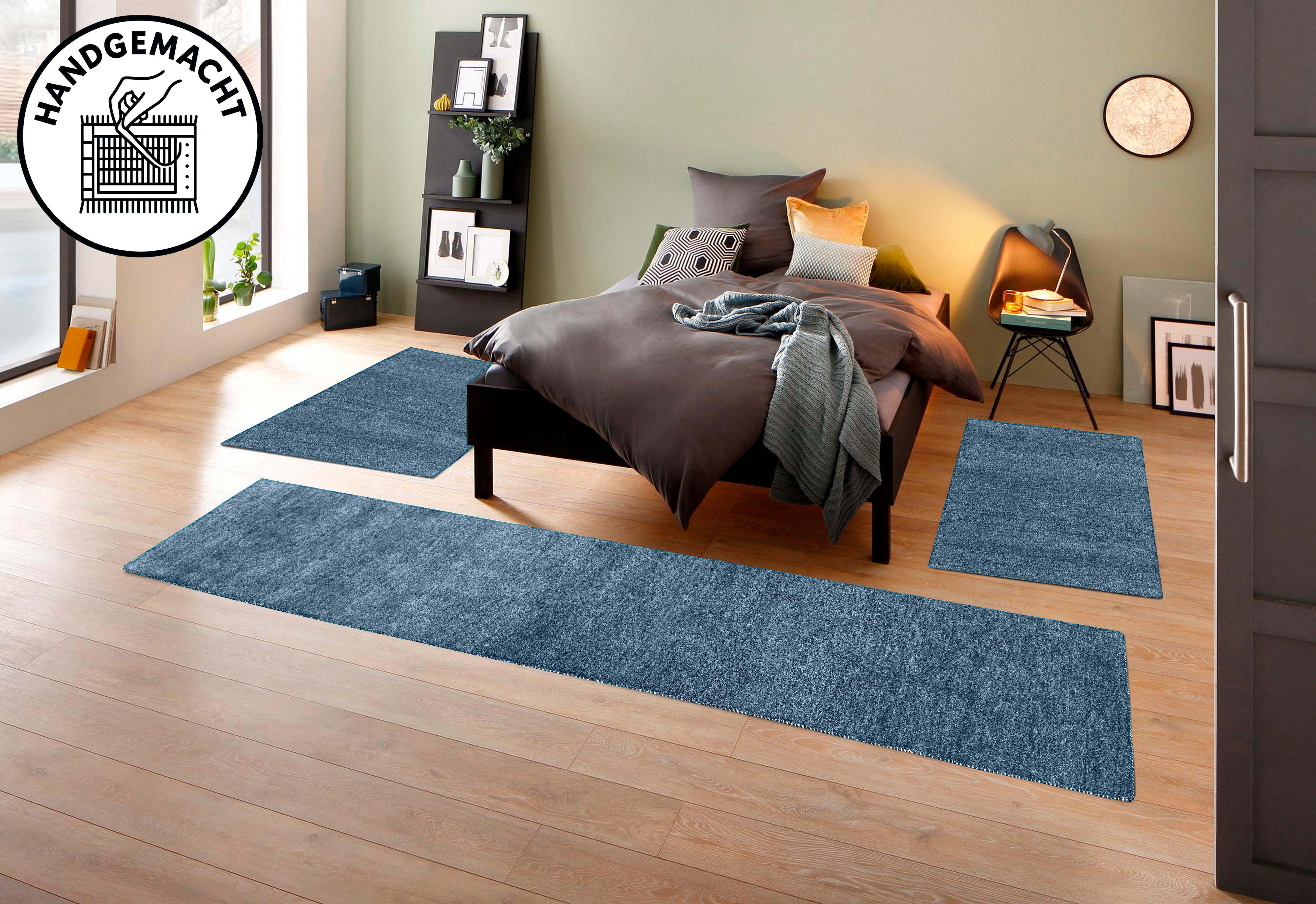 THEKO Bettumrandung "Gabbeh Uni, Handweb Teppich, meliert, reine Wolle" Höhe 14 mm 3 Stk. tlg. Bettvorleger, Uni-Farben, handgewebt, Läufer-Set, Schlafzimmer