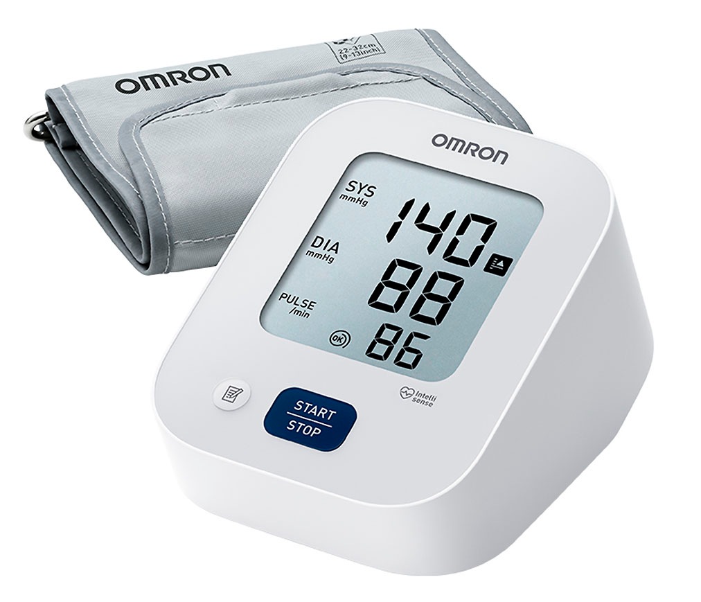 OMRON Oberarm-Blutdruckmessgerät "X2 Essential, M-Manschette (22-32cm),erkennt unregelmäßige Herzschläge"silber, B:10cm H:8cm T:14cm,