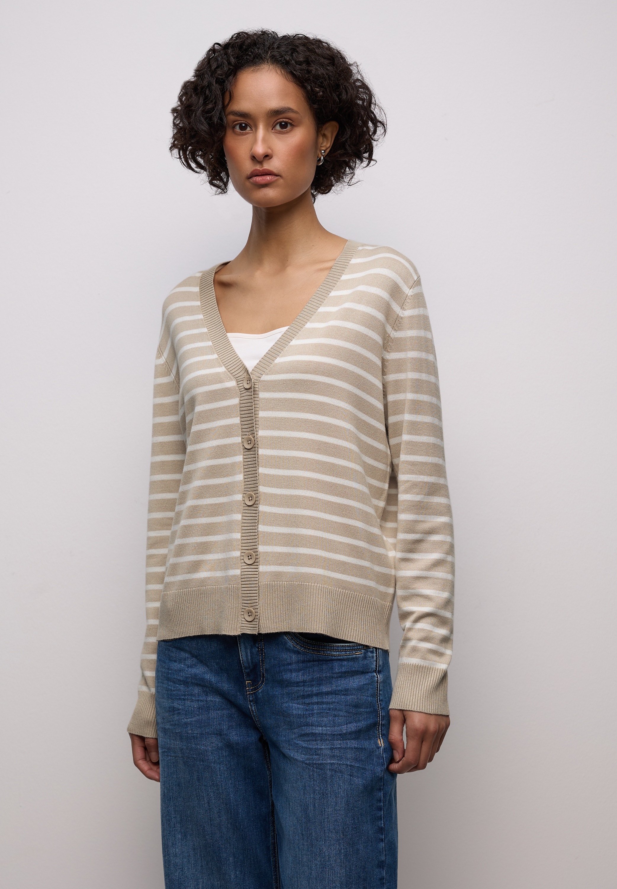 Cardigan STREET ONE, Damen, Gr. 40, cotton beige, Stoff, 86% Viskose, 14% Polyester, gestreift, normal normal, V-Ausschnitt, Rippbündchen, Strickjacken, mit V-Ausschnitt