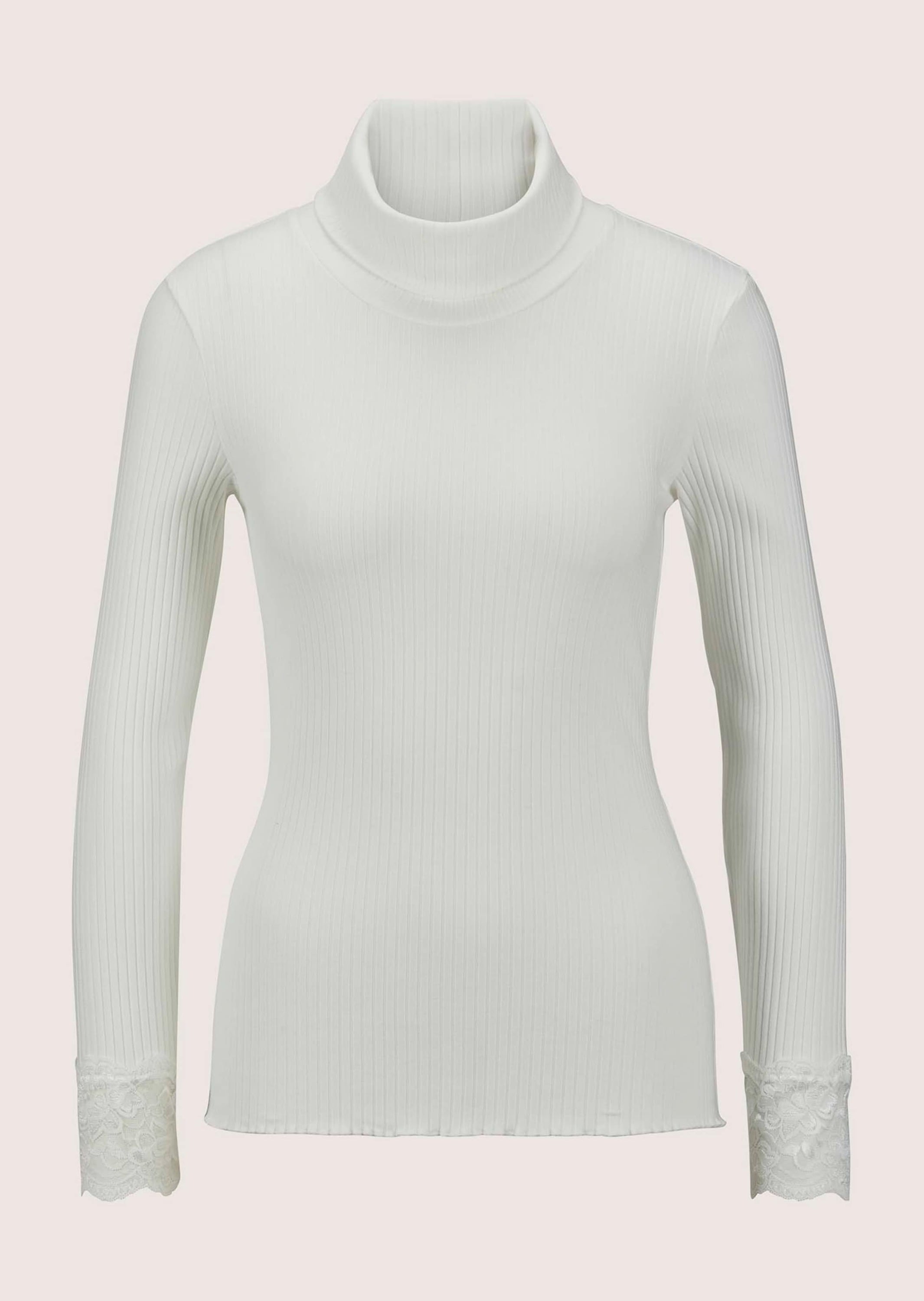 Langarmshirt MADELEINE "Rollkragenshirt Elegantes Basicshirt mit Spitze, Rollkragen", Damen, Gr. 48, weiß (wollweiß), Obermaterial: 74% Wolle mw. 10% Polyester PES. 9% Kaschmir WS. 2% diverse Faserarten dF. 2% Polyamid PA., Modern, normal, Shirts Langarms