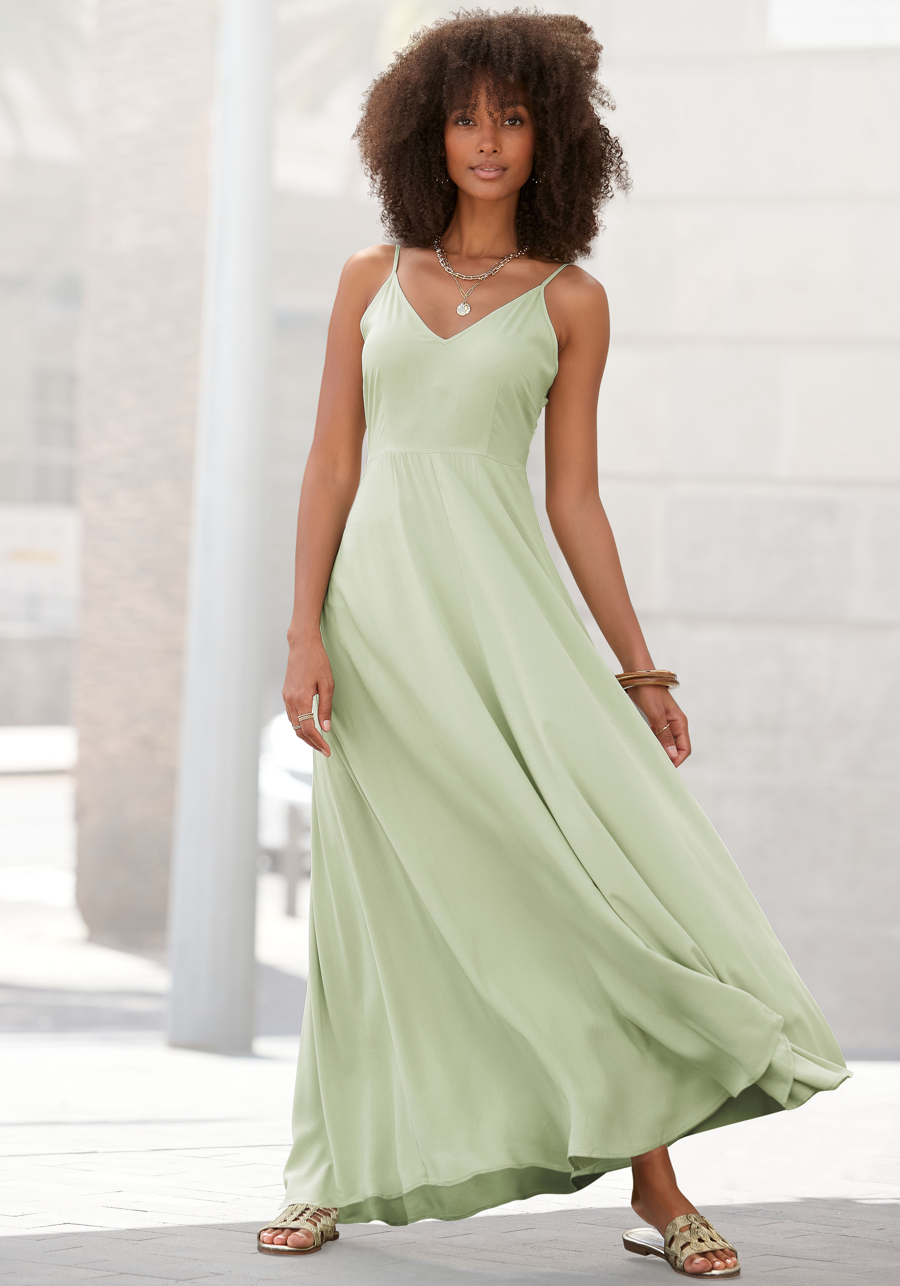 LASCANA Maxikleid "Cut-Out am Rücken aus leichter Webware" Ohne Taschen Elegantes Sommerkleid, Spaghettikleid, Viskosekleid, festlich